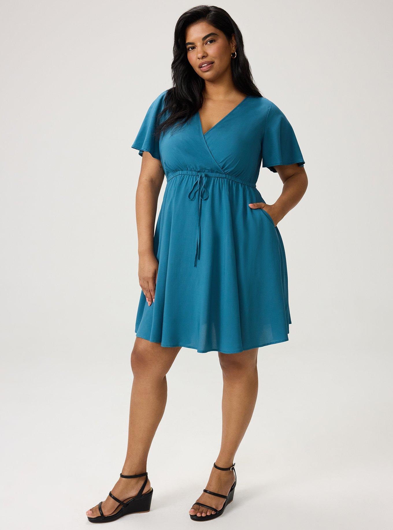 Surplice Flutter-Sleeve Mini Dress, MALLARD BLUE, hi-res