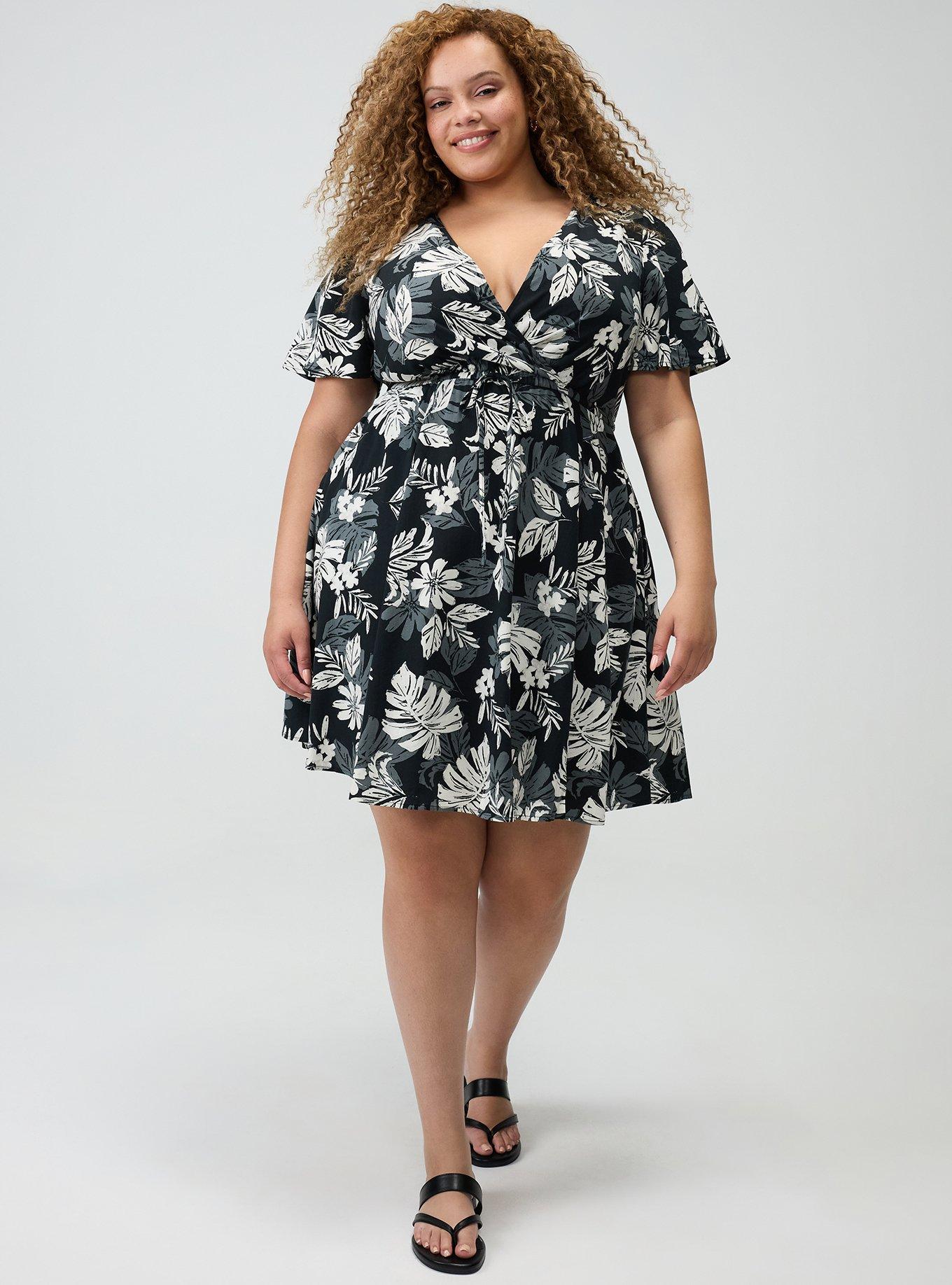 Surplice Flutter-Sleeve Mini Dress, PAINTED TROPICAL BLACK, alternate