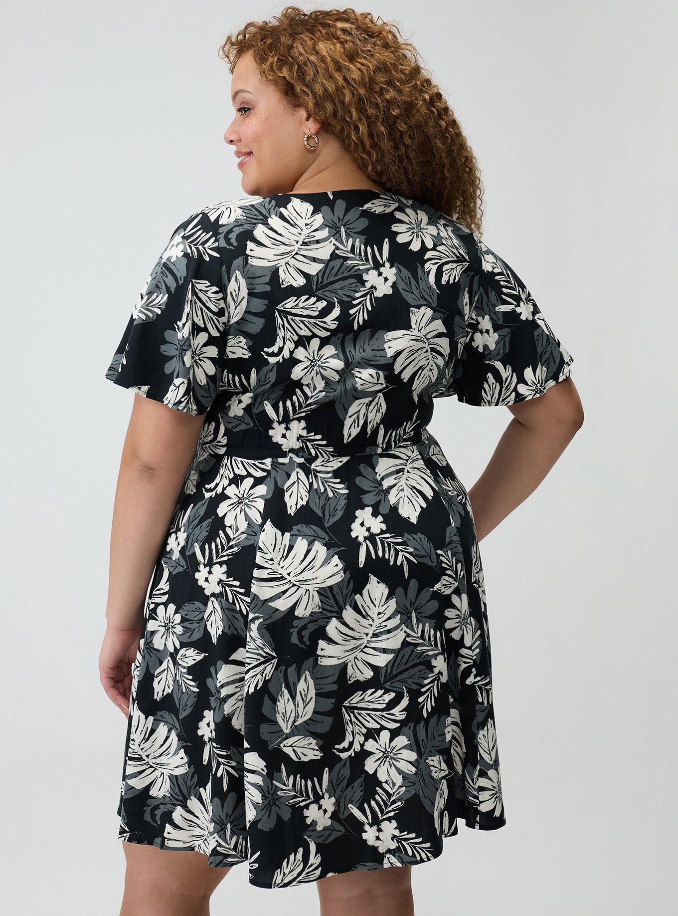 Surplice Flutter-Sleeve Mini Dress, PAINTED TROPICAL BLACK, alternate