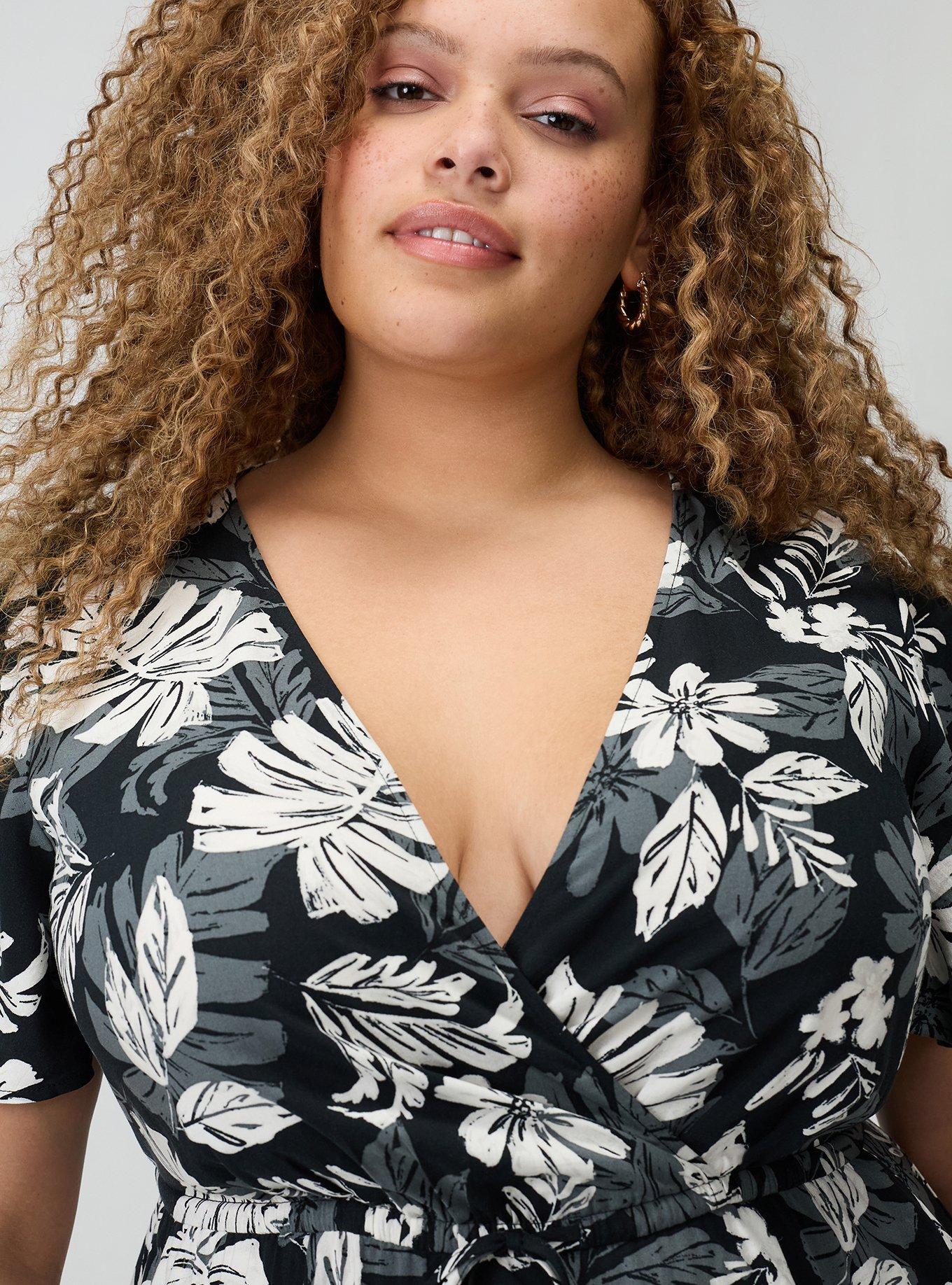 Surplice Flutter-Sleeve Mini Dress, PAINTED TROPICAL BLACK, alternate