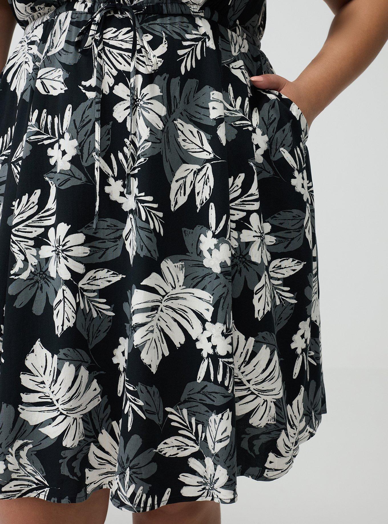 Surplice Flutter-Sleeve Mini Dress, PAINTED TROPICAL BLACK, alternate
