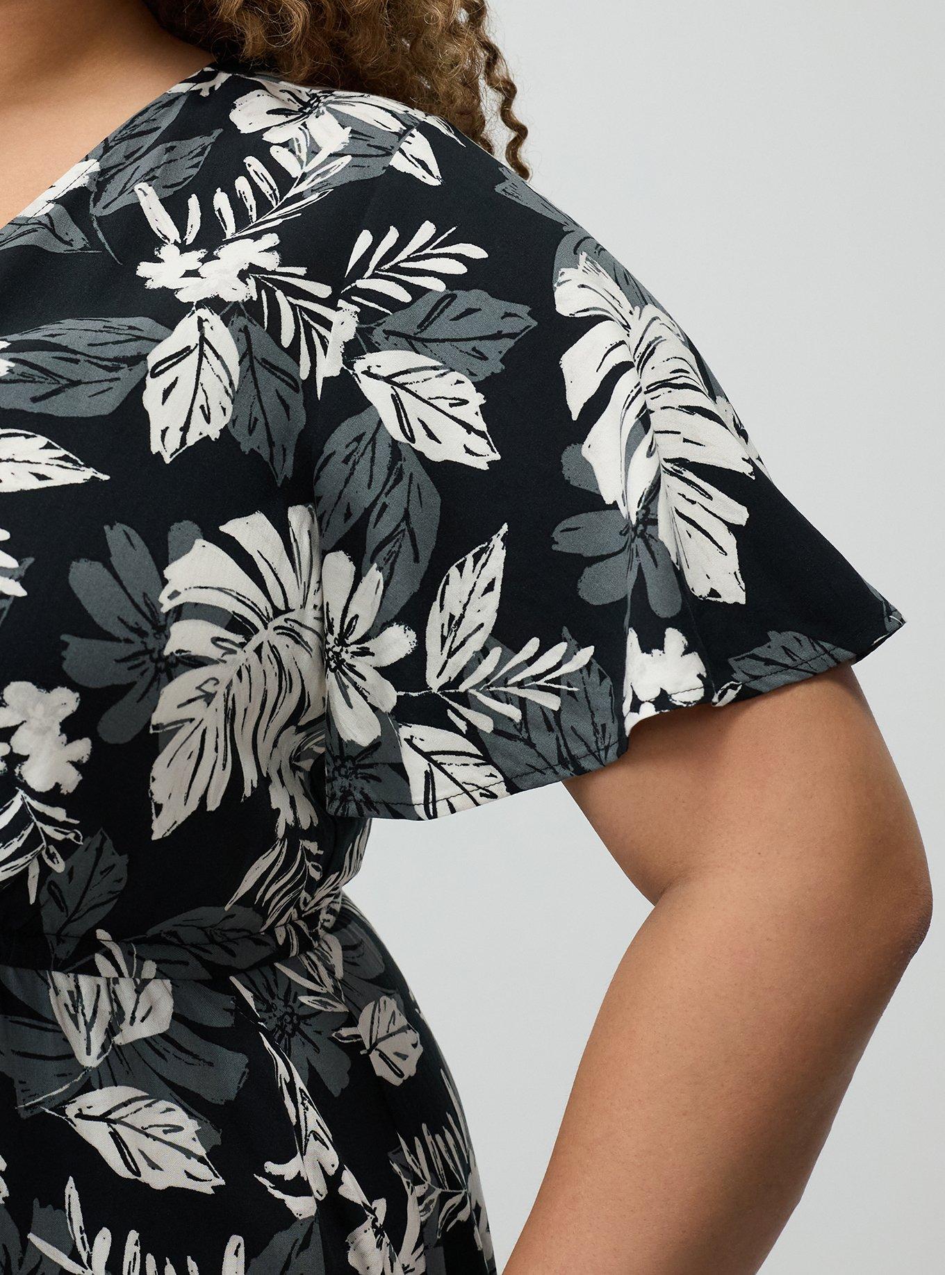 Surplice Flutter-Sleeve Mini Dress, PAINTED TROPICAL BLACK, alternate