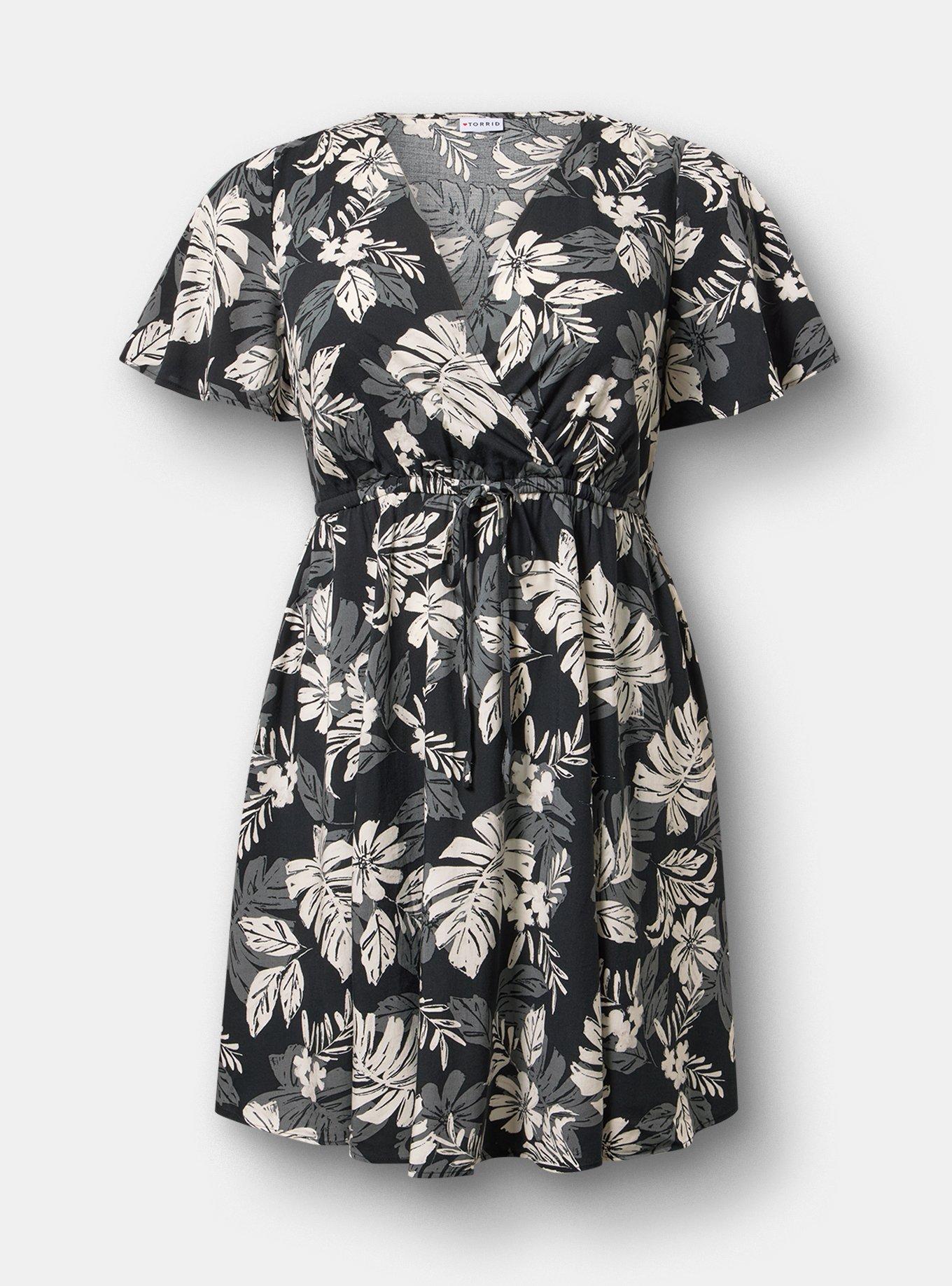 Surplice Flutter-Sleeve Mini Dress, PAINTED TROPICAL BLACK, hi-res