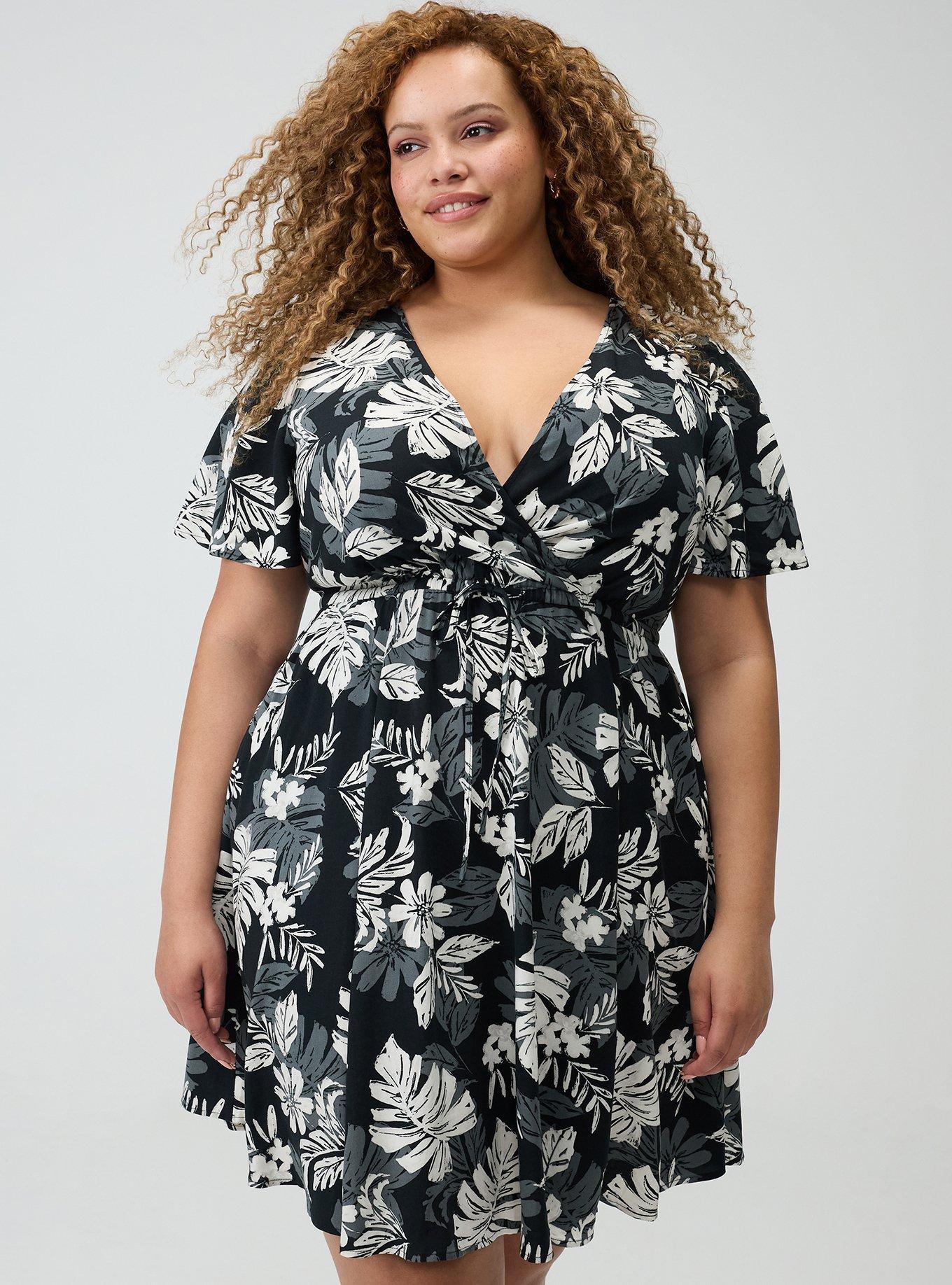 Surplice Flutter-Sleeve Mini Dress, PAINTED TROPICAL BLACK, hi-res