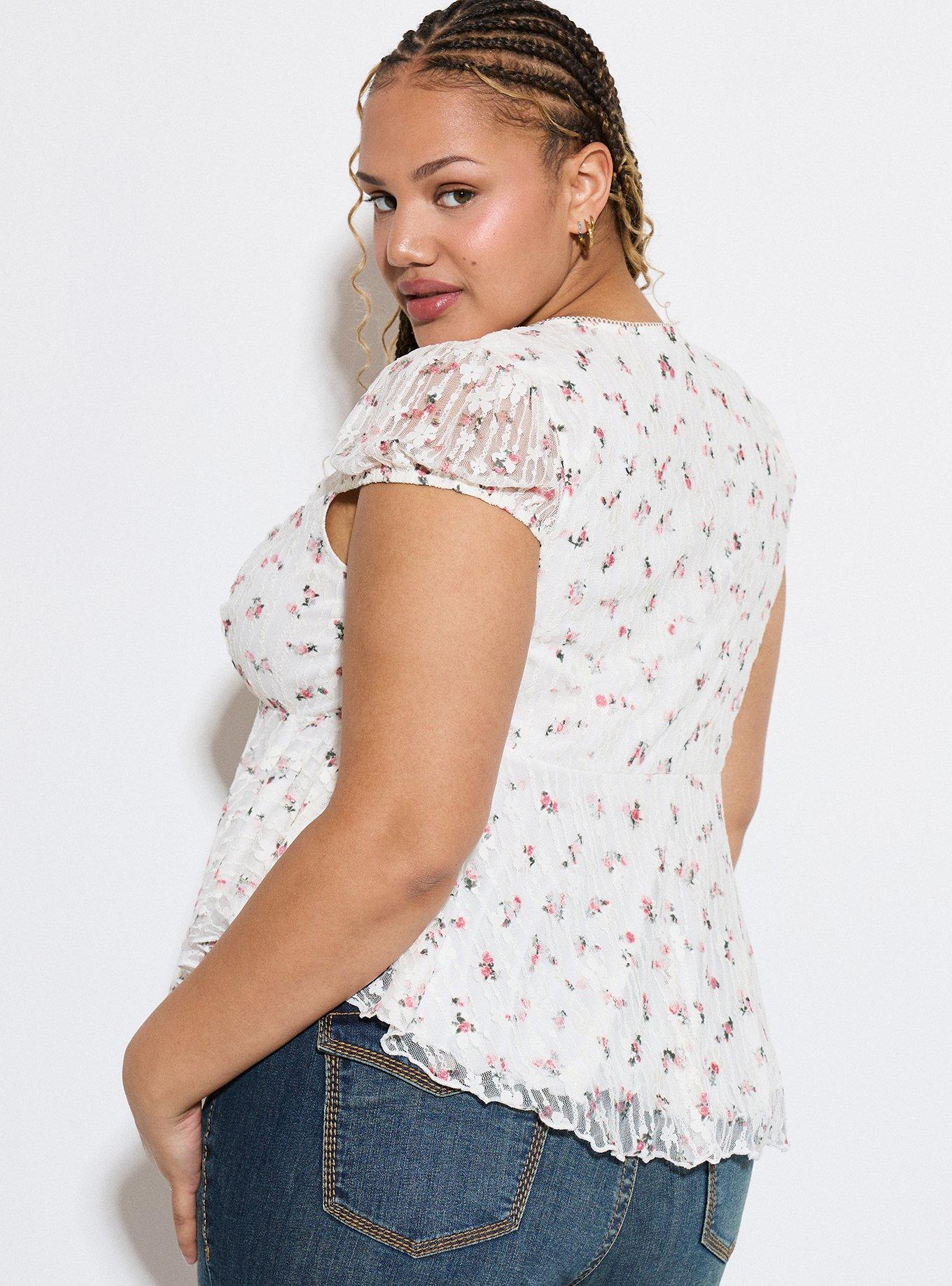 LoveSick Ribbon-Trim Babydoll Top, ROSA SPRIGS FLORAL WHITE, alternate