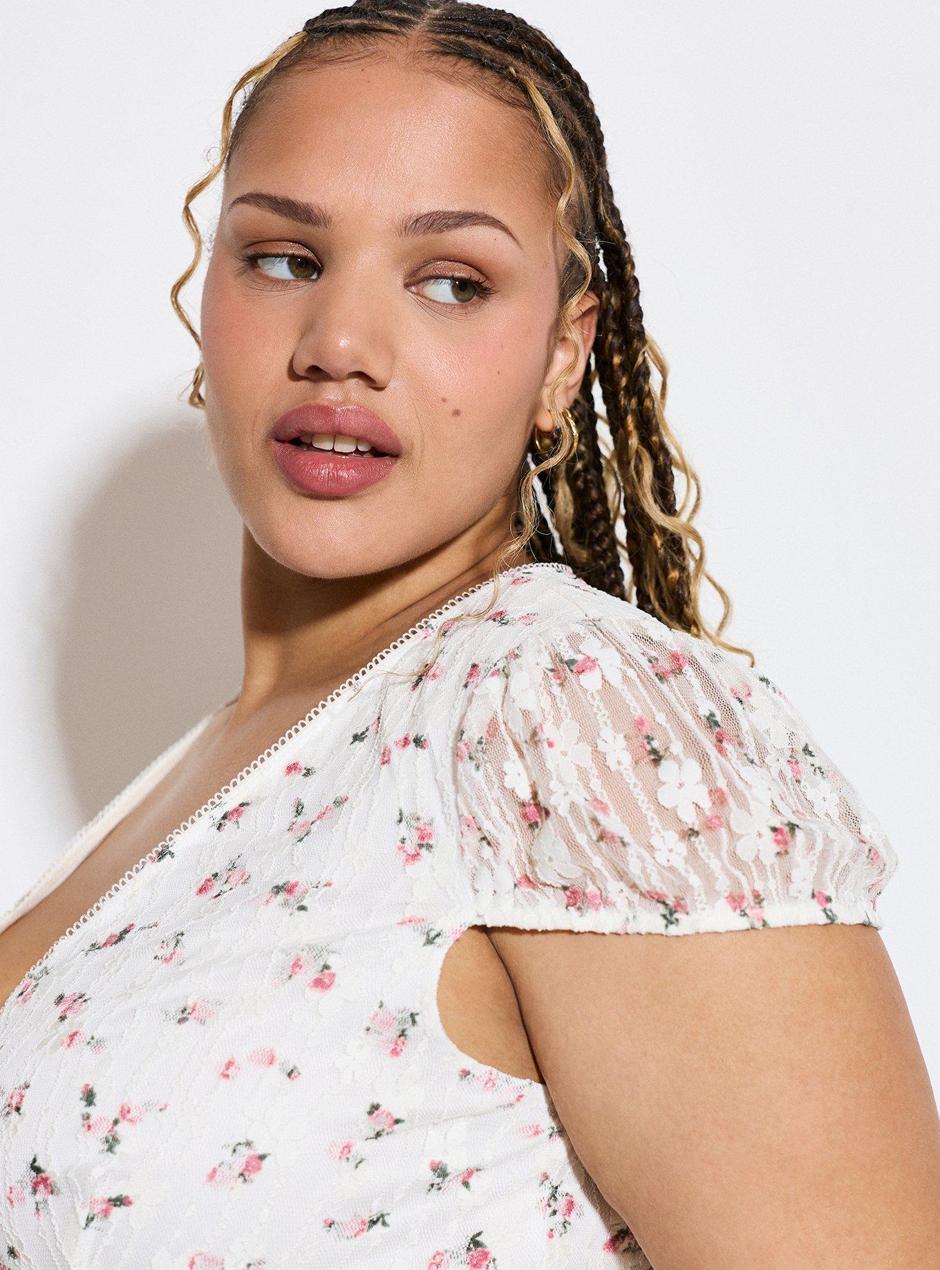 LoveSick Ribbon-Trim Babydoll Top, ROSA SPRIGS FLORAL WHITE, alternate