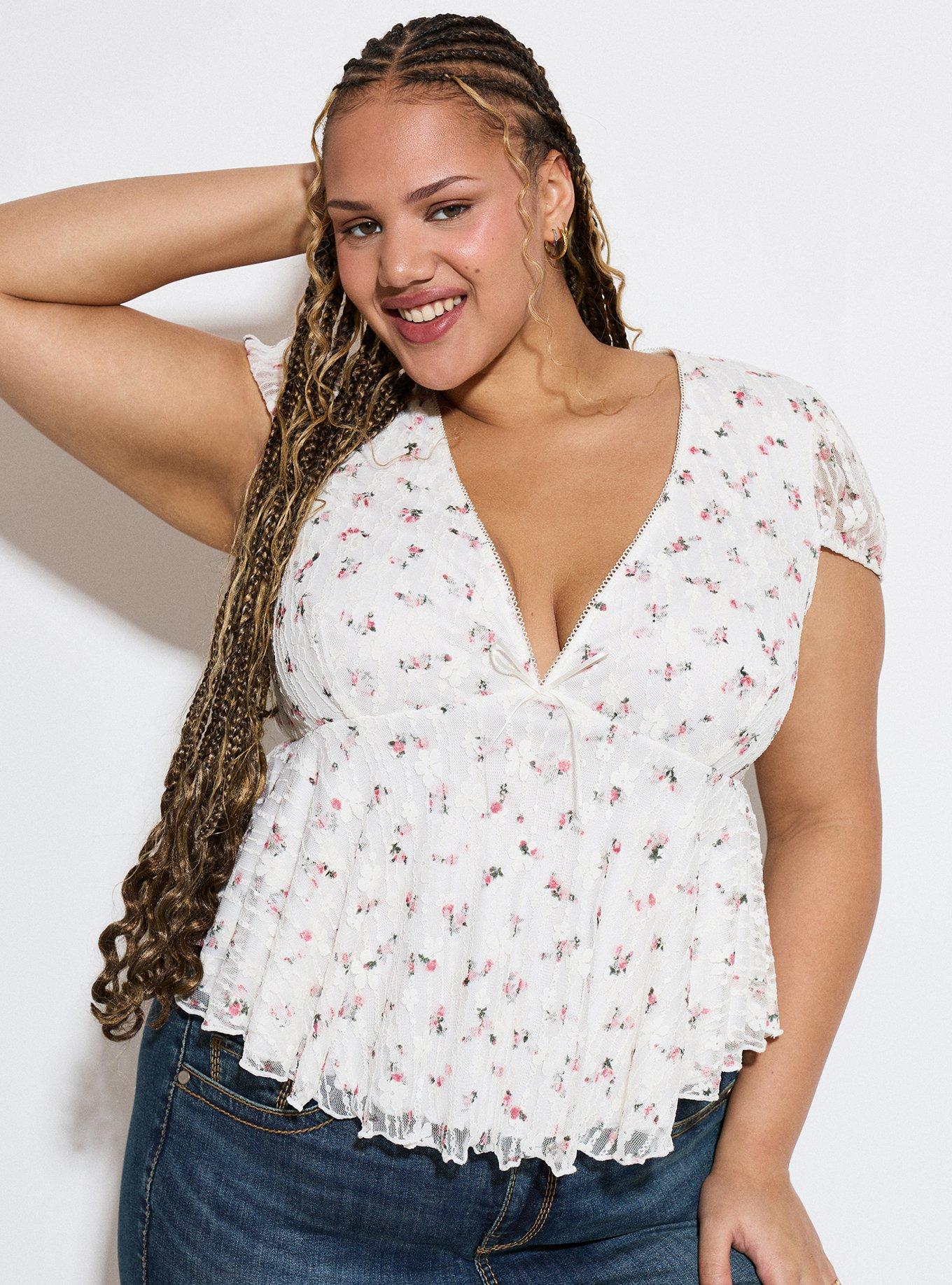 LoveSick Ribbon-Trim Babydoll Top, ROSA SPRIGS FLORAL WHITE, hi-res