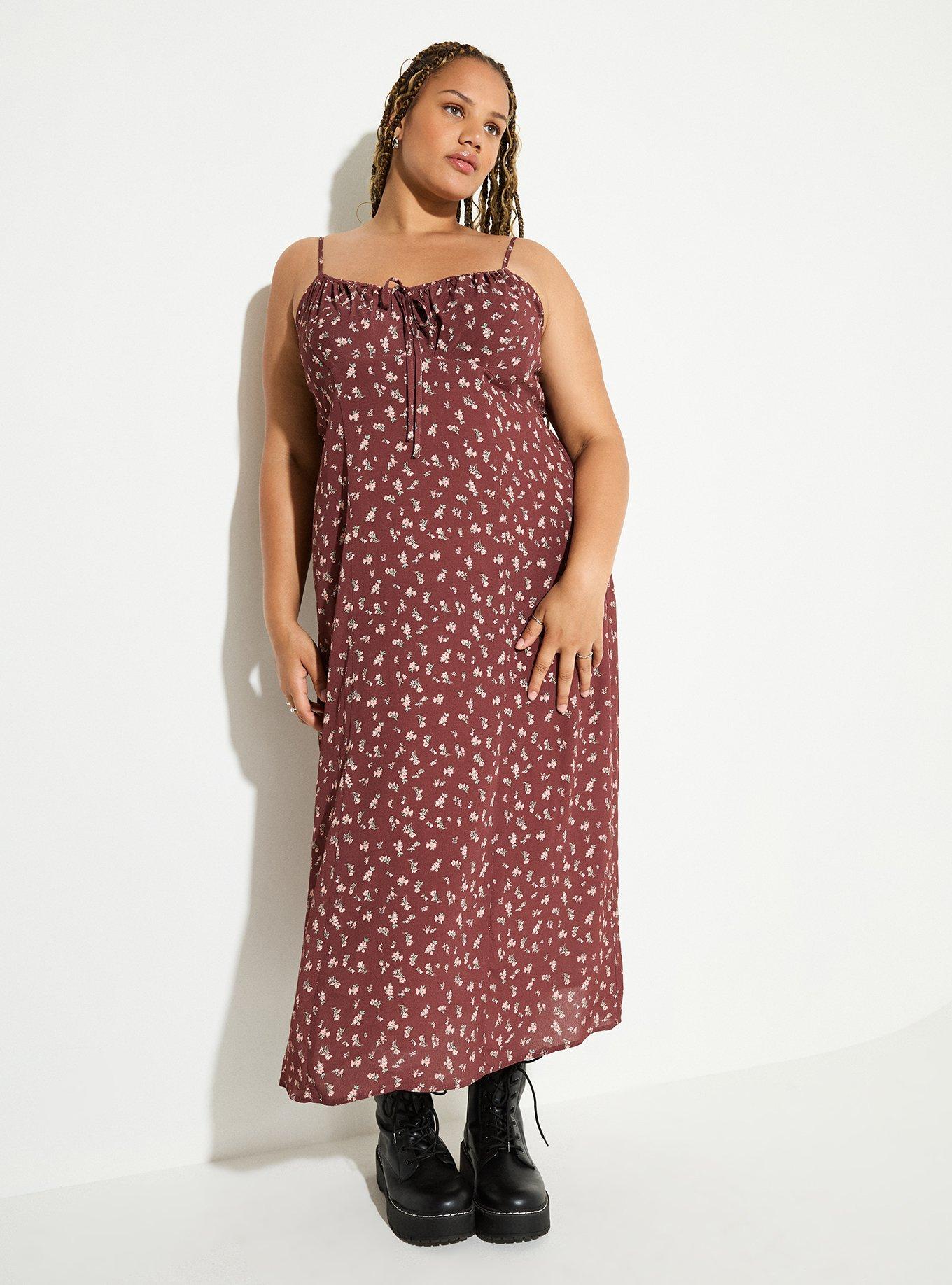 Women's Front-Tie Tea-Length Dress In Dainty Petals Dusty Brown By Lovesick At Torrid, Size 14/16, Plus Size