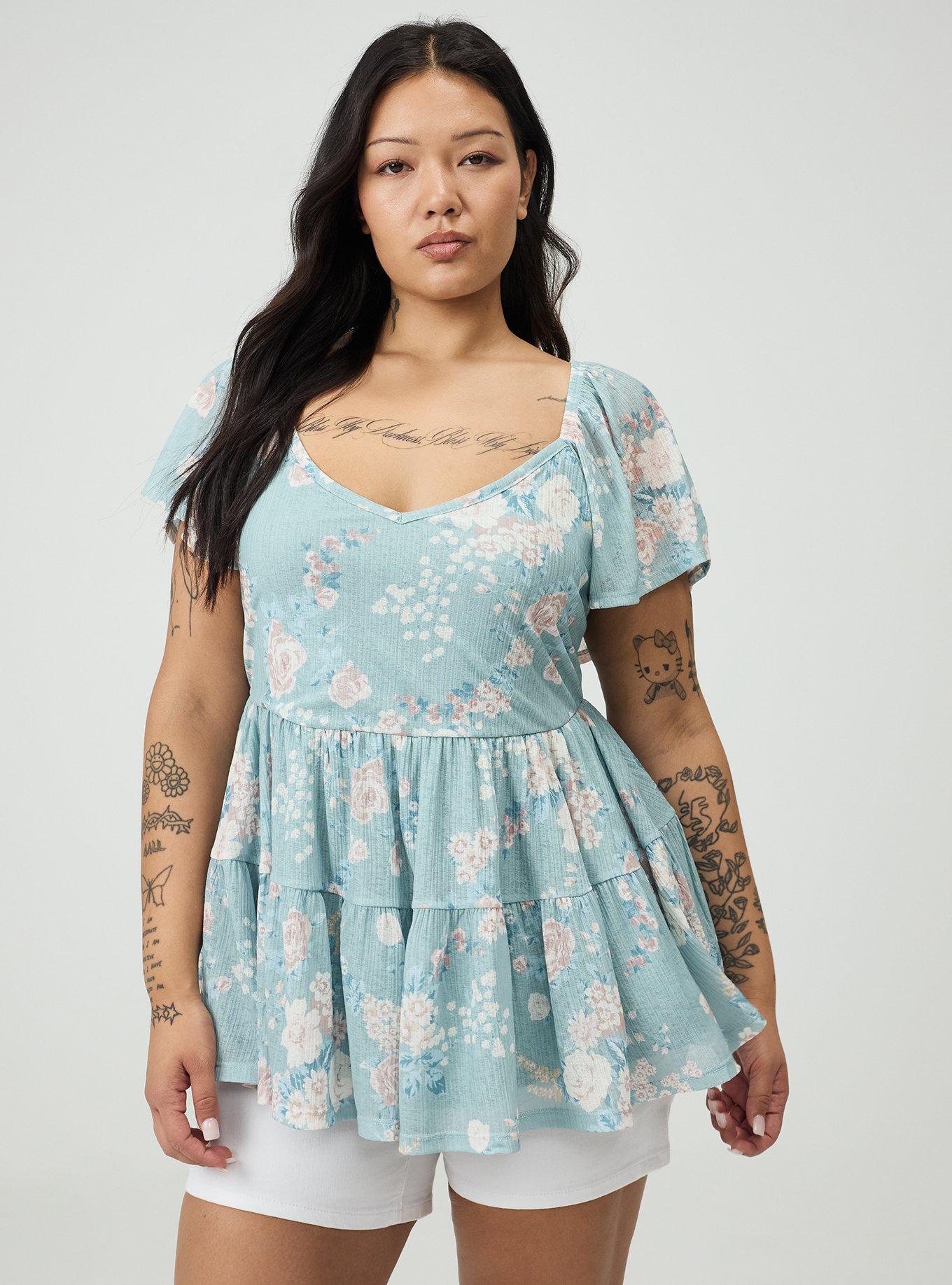Flutter Sleeve Babydoll Top, WILD BOUQUET MINT, hi-res