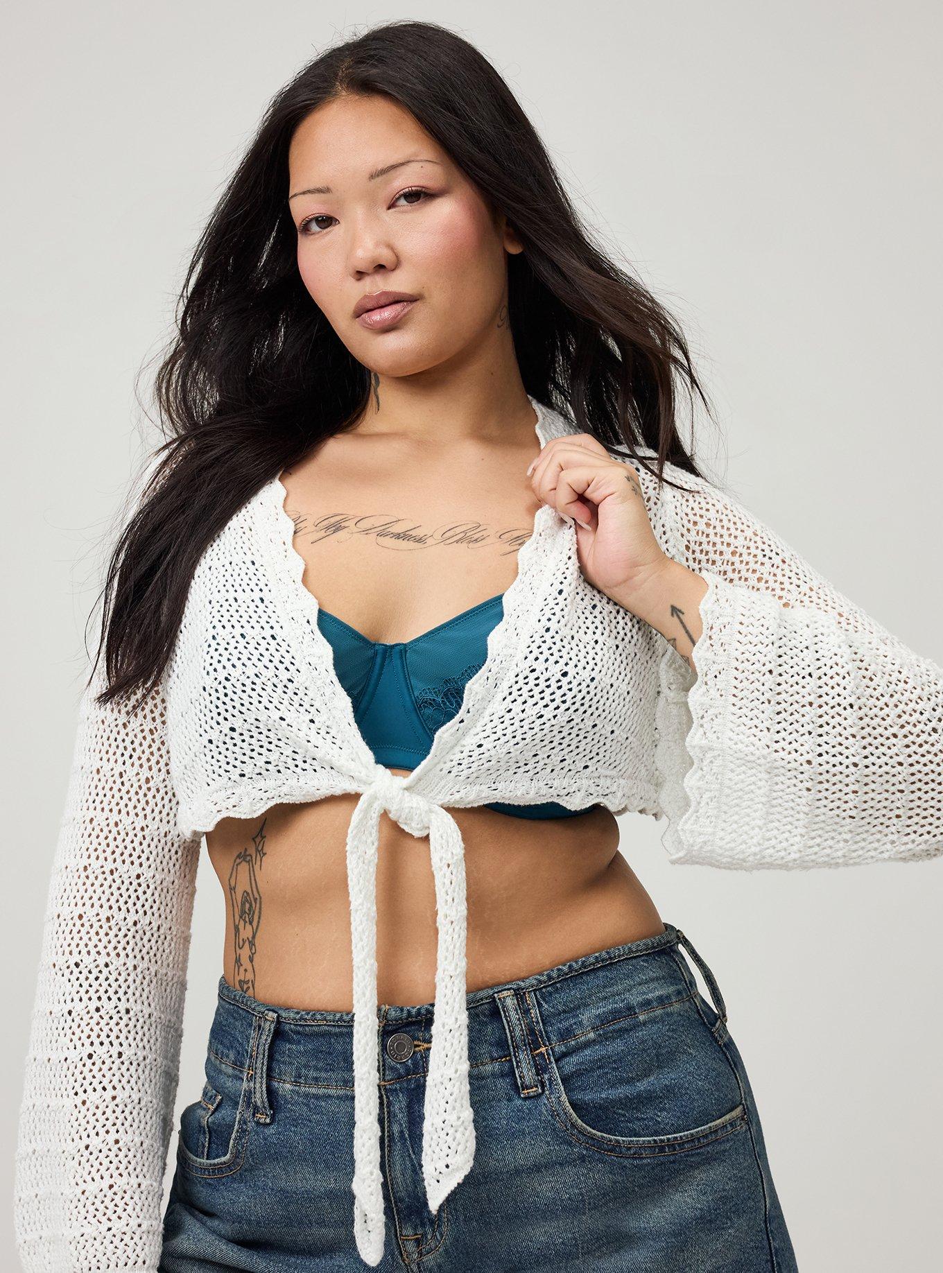 Open Stitch Tie Front Shrug, BLANC DE BLANC, alternate
