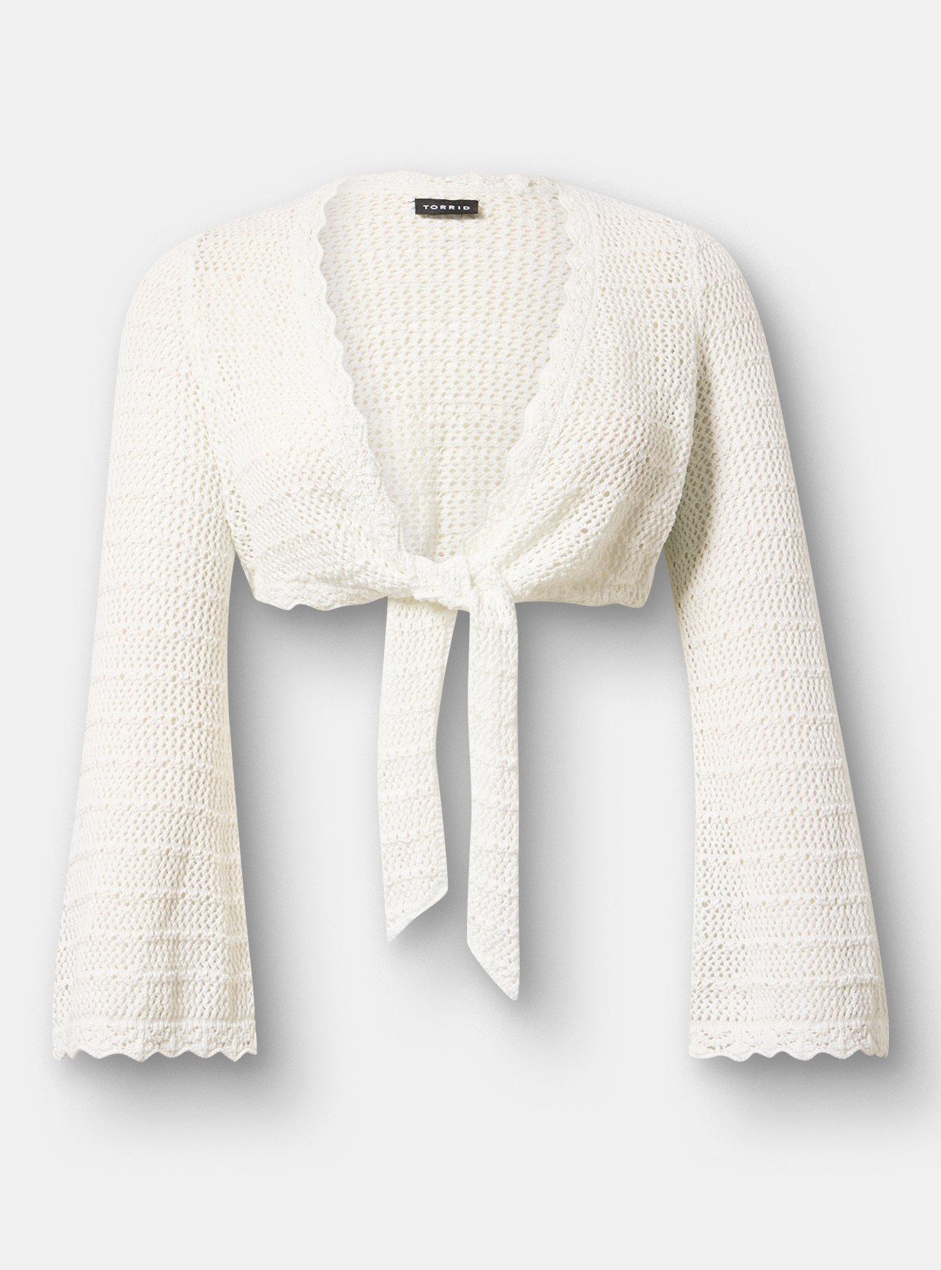Open Stitch Tie Front Shrug, BLANC DE BLANC, flat