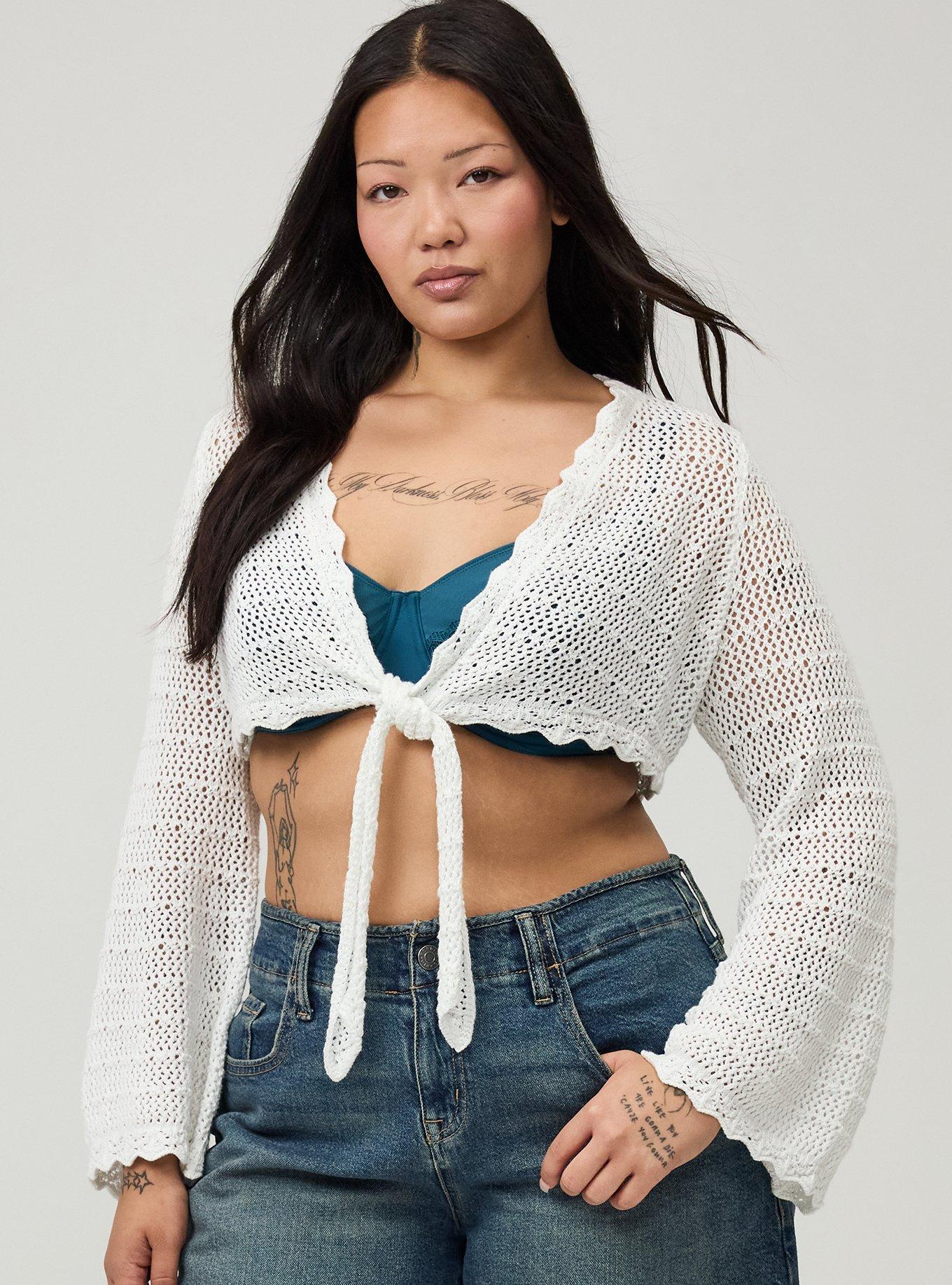 Open Stitch Tie Front Shrug, BLANC DE BLANC, hi-res