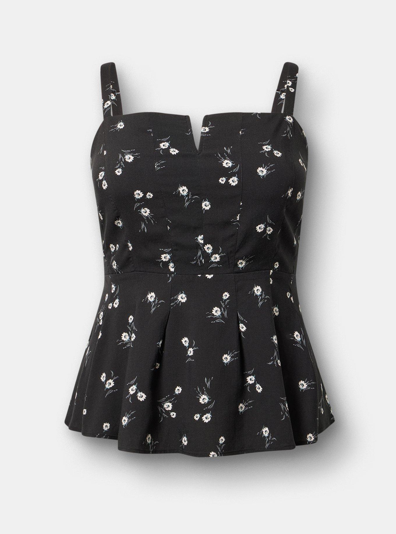 Peplum Challis Cami, WHEAT GRASS FLORAL BLACK, flat