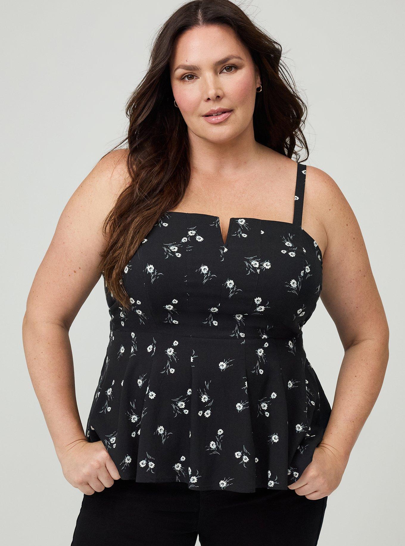 Peplum Challis Cami, WHEAT GRASS FLORAL BLACK, hi-res