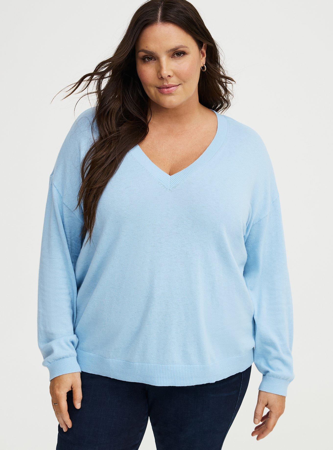 Plus Size Pullover V-Neck Sweater, CERULEAN, hi-res