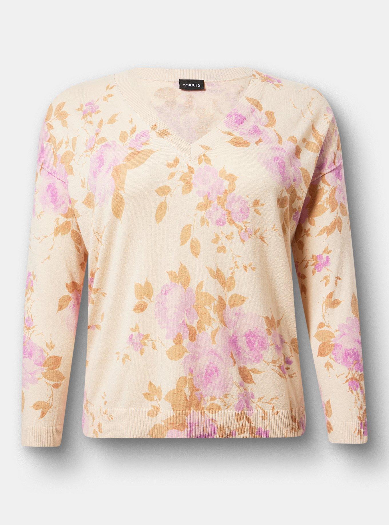 Pullover V-Neck Sweater, REGINA FLORAL IVORY, hi-res
