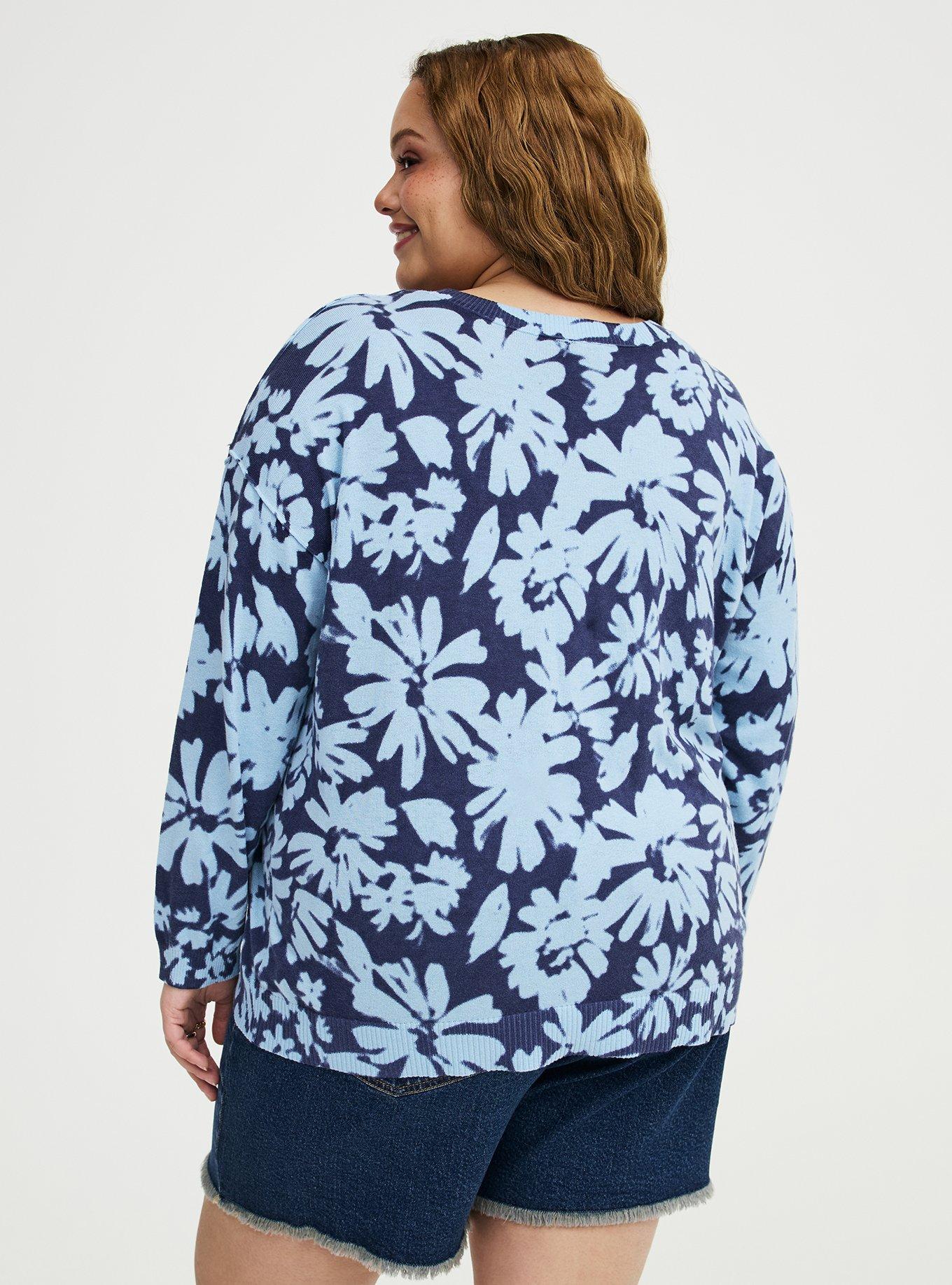 V-Neck Pullover Sweater, AVERY DAISIES FLORAL BLUE, alternate