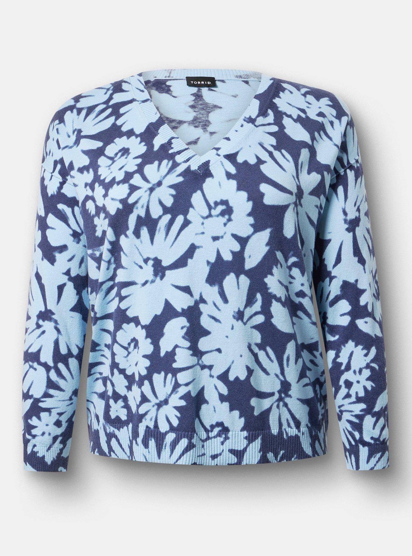 V-Neck Pullover Sweater, AVERY DAISIES FLORAL BLUE, hi-res