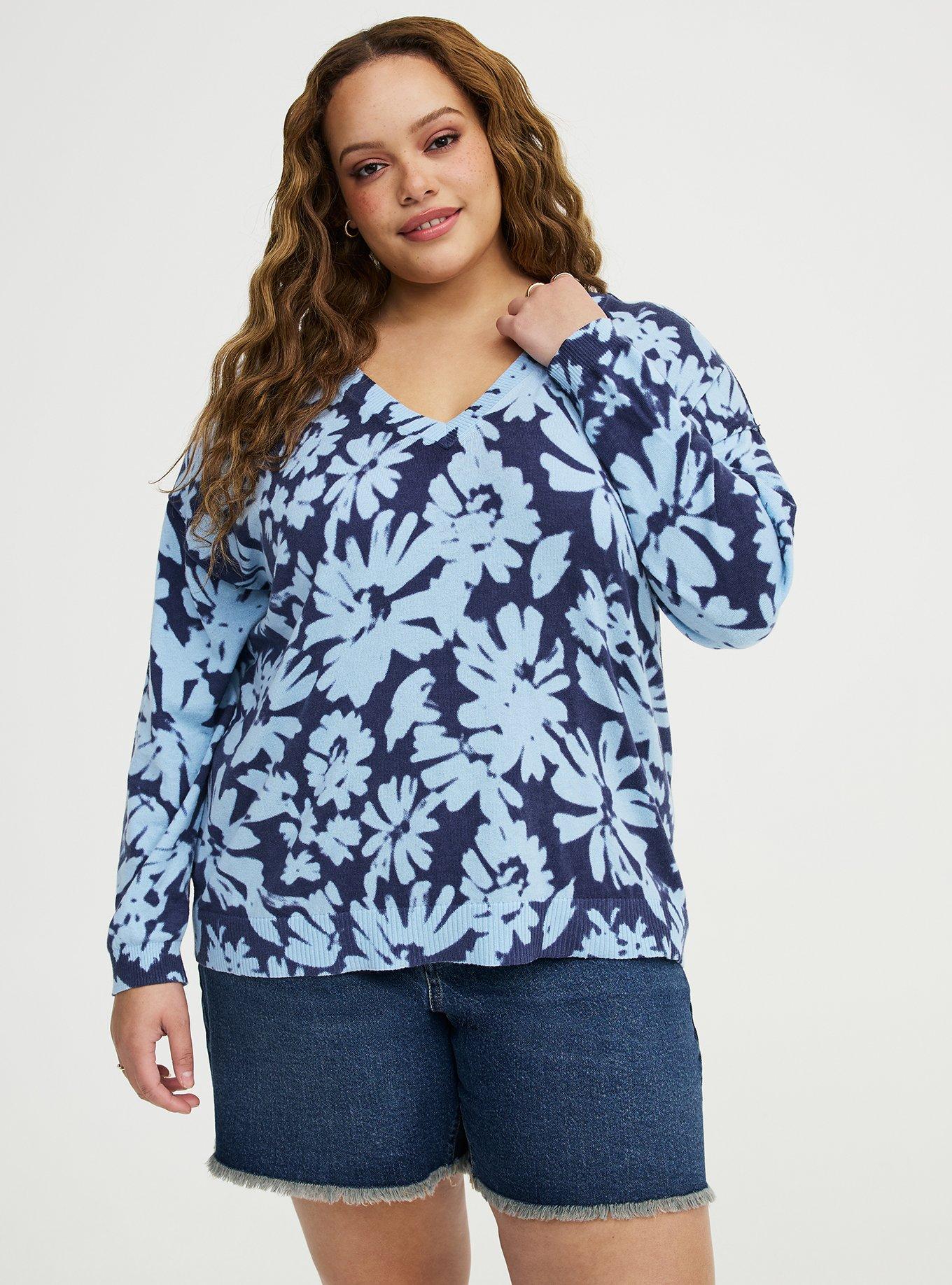 Pullover V-Neck Sweater, AVERY DAISIES FLORAL BLUE, hi-res