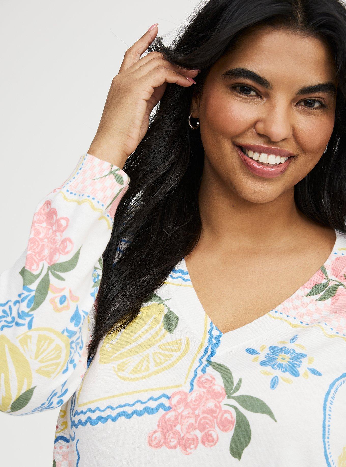 V-Neck Pullover Sweater, FRUIT STAMPS MULTI, alternate