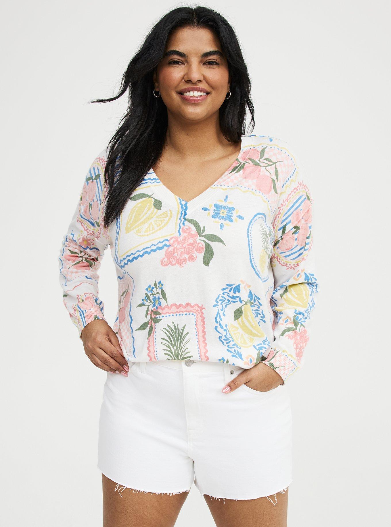 V-Neck Pullover Sweater, FRUIT STAMPS MULTI, alternate