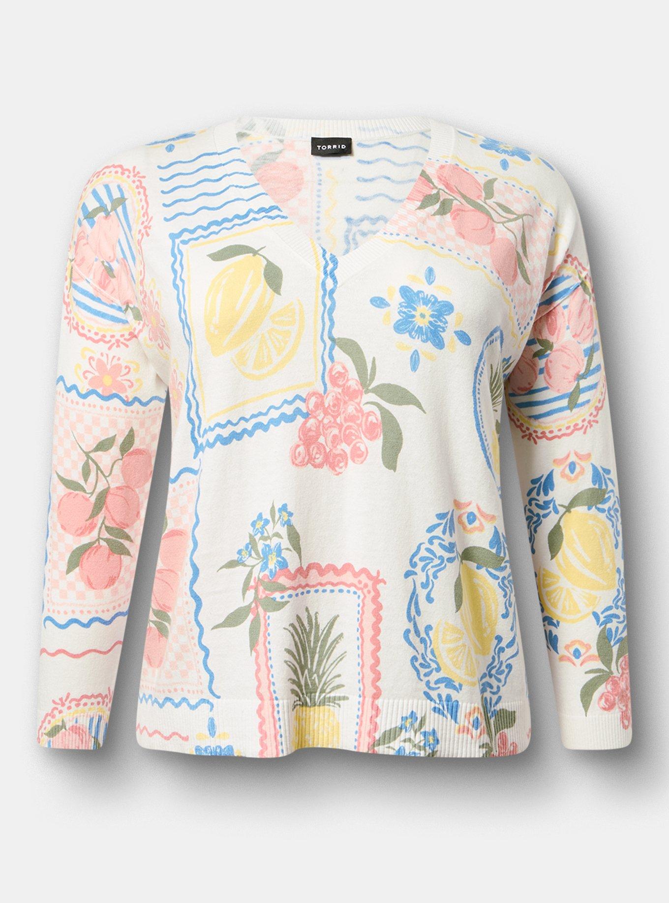 V-Neck Pullover Sweater, FRUIT STAMPS MULTI, hi-res