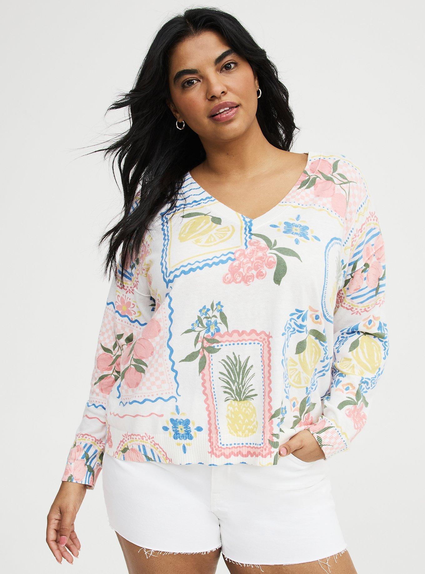 V-Neck Pullover Sweater, FRUIT STAMPS MULTI, hi-res