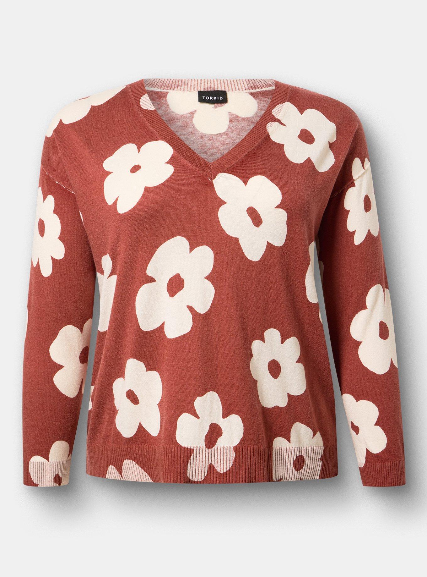 V-Neck Pullover Sweater, KASEY DAISY BRICK, flat