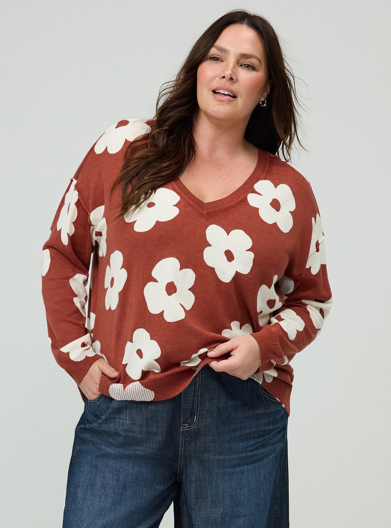 V-Neck Pullover Sweater, KASEY DAISY BRICK, hi-res