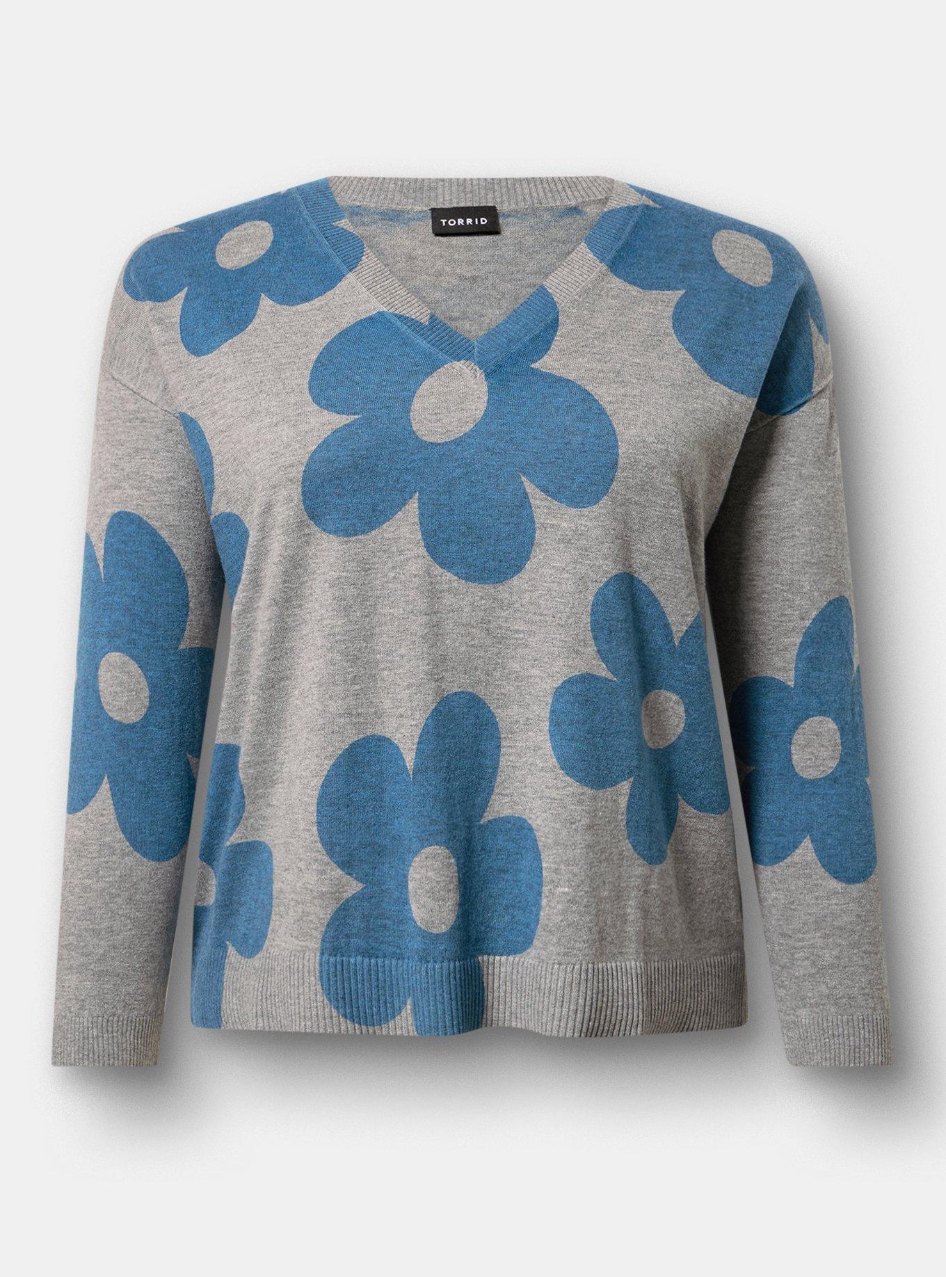 V-Neck Pullover Sweater, NAIVE FLORAL BLUE, flat