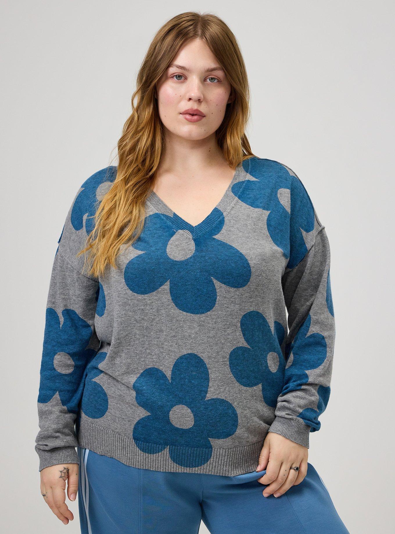 V-Neck Pullover Sweater, NAIVE FLORAL BLUE, hi-res