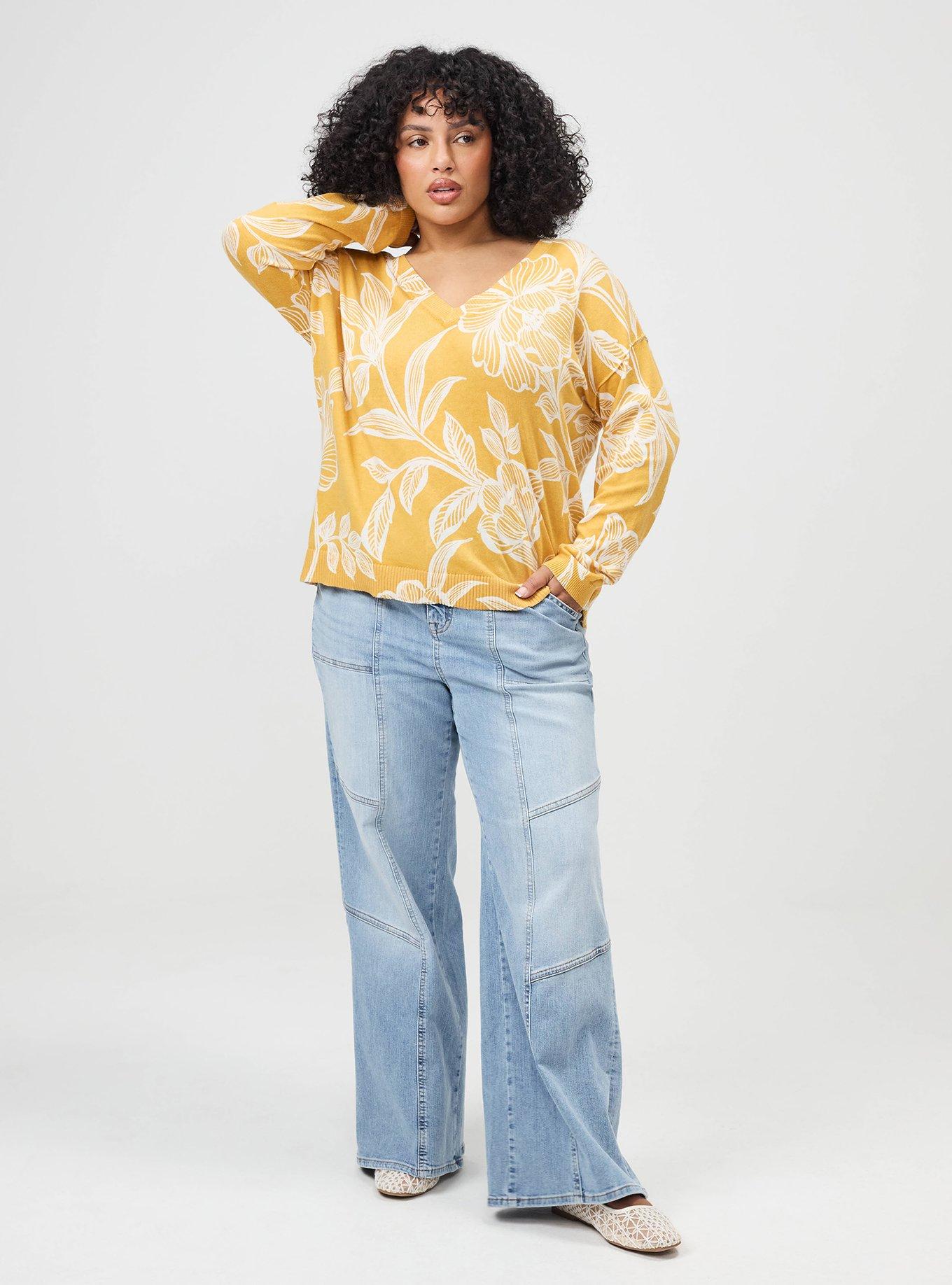 Plus Size V-Neck Pullover Sweater, NOVA FLORAL YELLOW, alternate