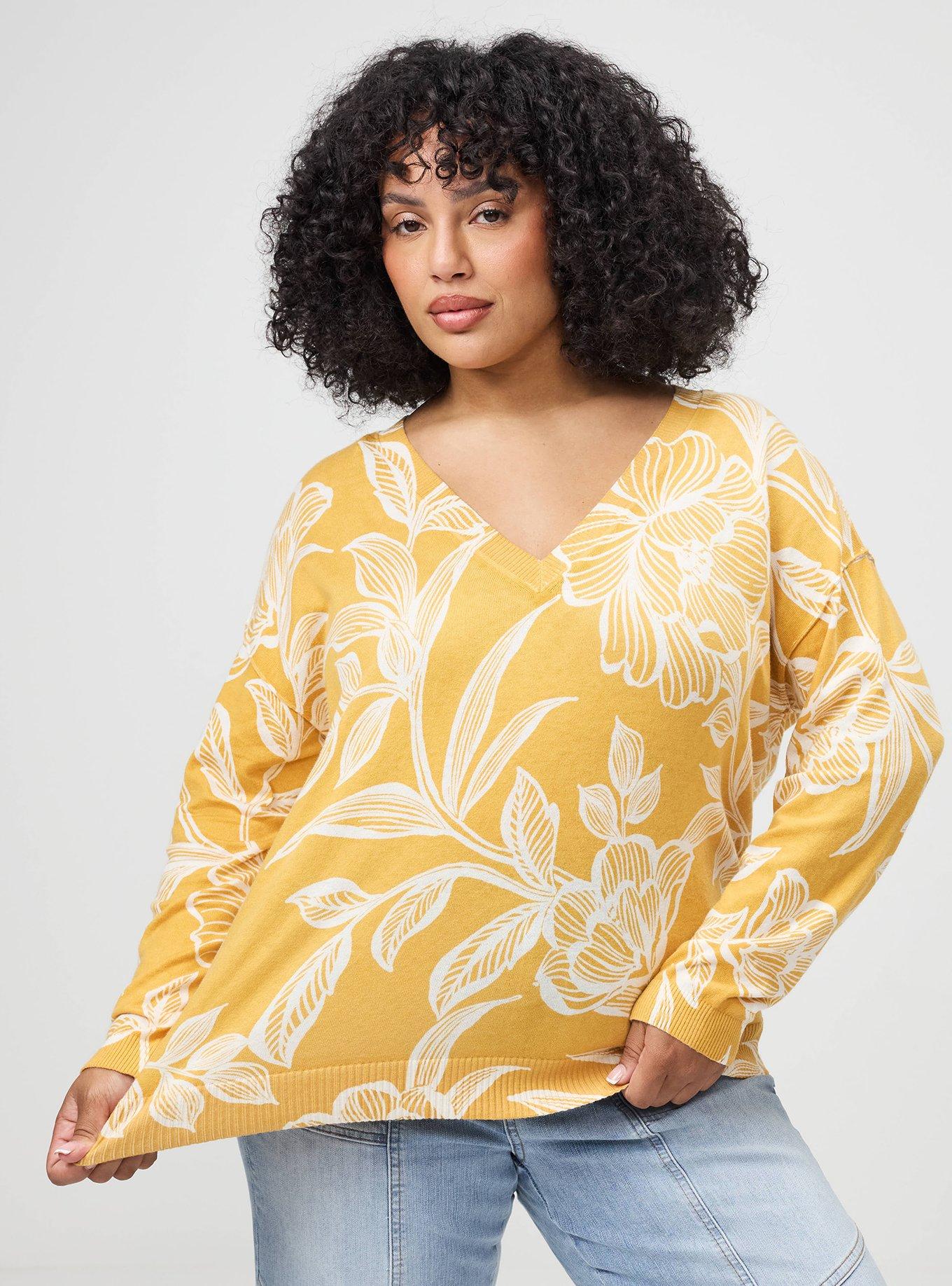Plus Size V-Neck Pullover Sweater, NOVA FLORAL YELLOW, alternate