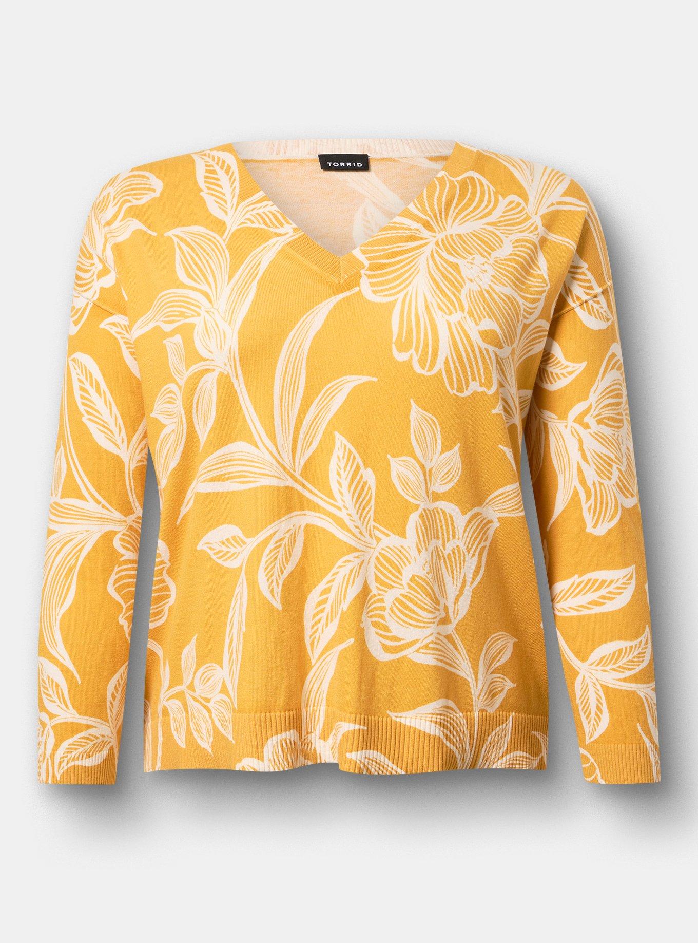 Plus Size V-Neck Pullover Sweater, NOVA FLORAL YELLOW, flat