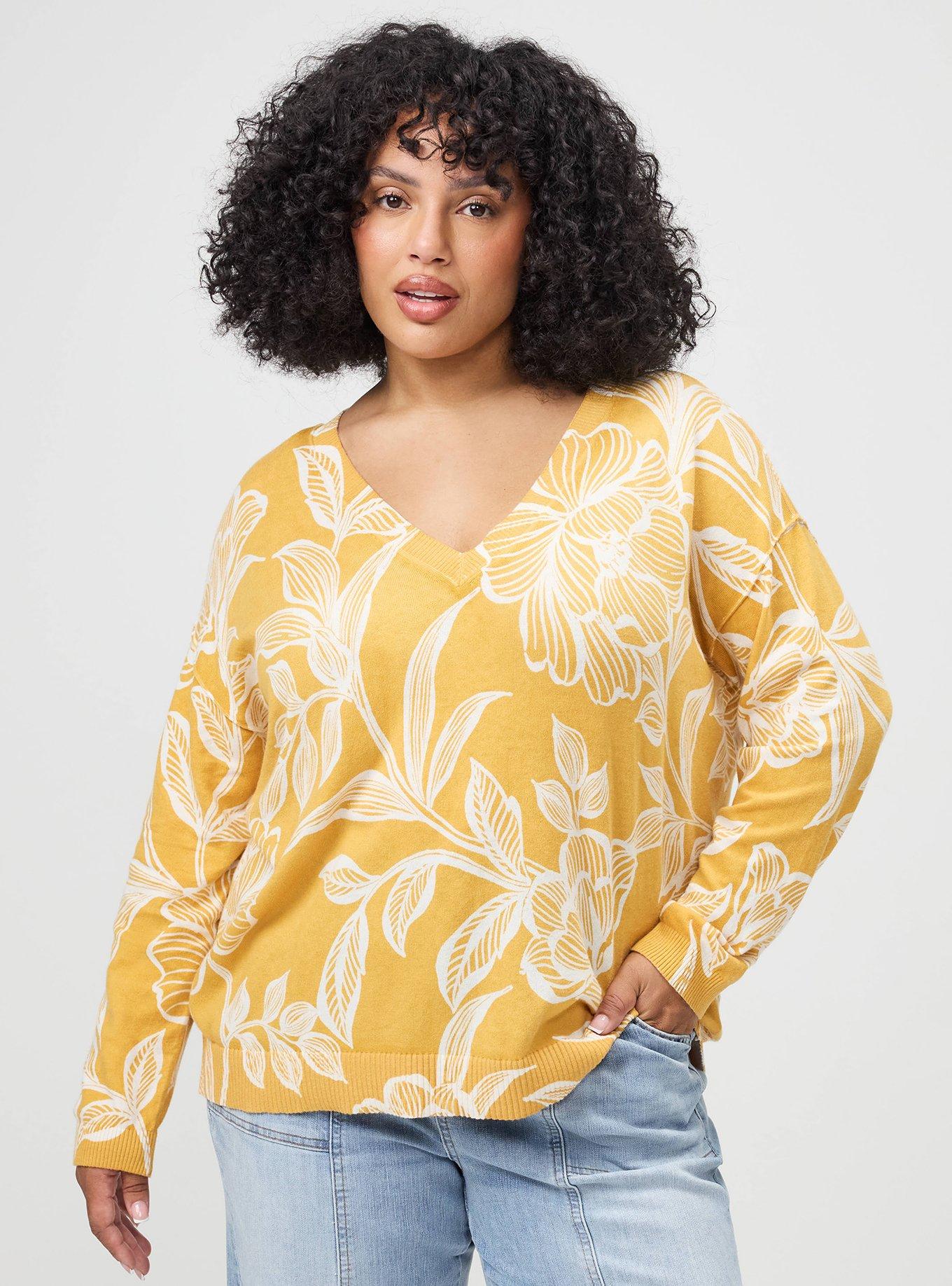 Plus Size V-Neck Pullover Sweater, NOVA FLORAL YELLOW, hi-res