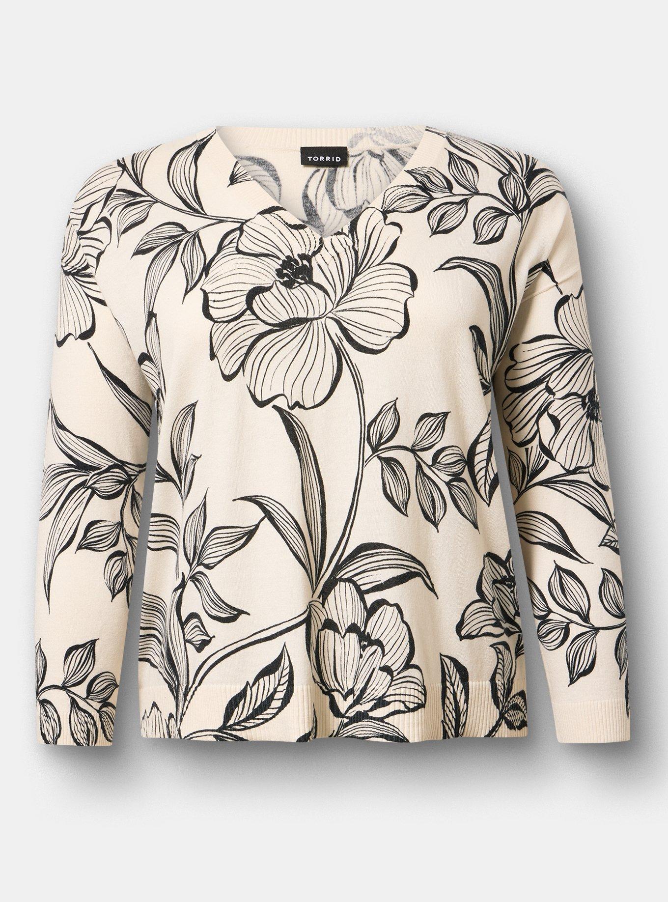 Plus Size V-Neck Pullover Sweater, NOVA FLORAL IVORY, hi-res