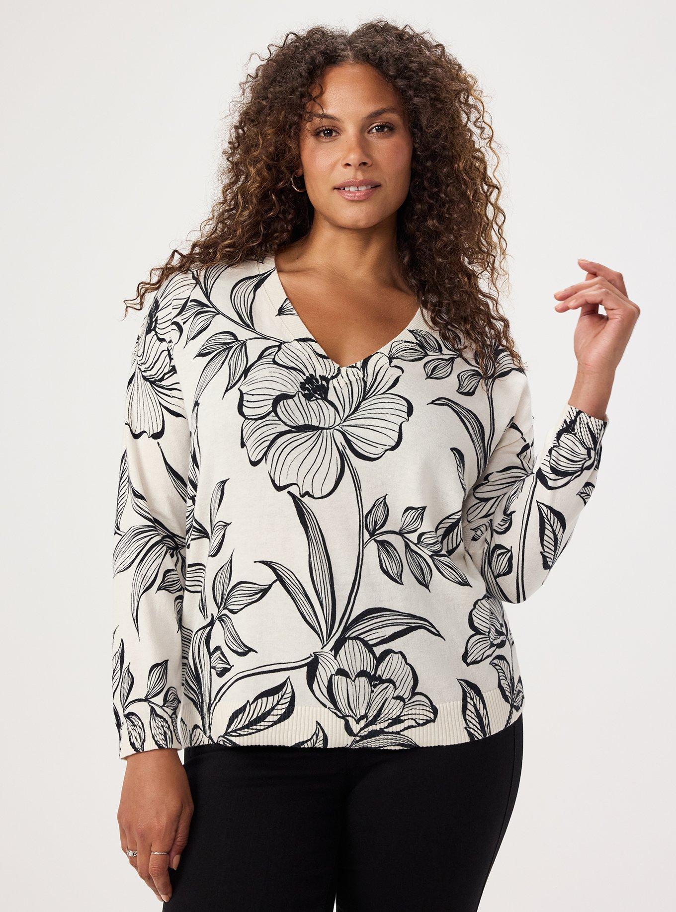 Plus Size V-Neck Pullover Sweater, NOVA FLORAL IVORY, hi-res