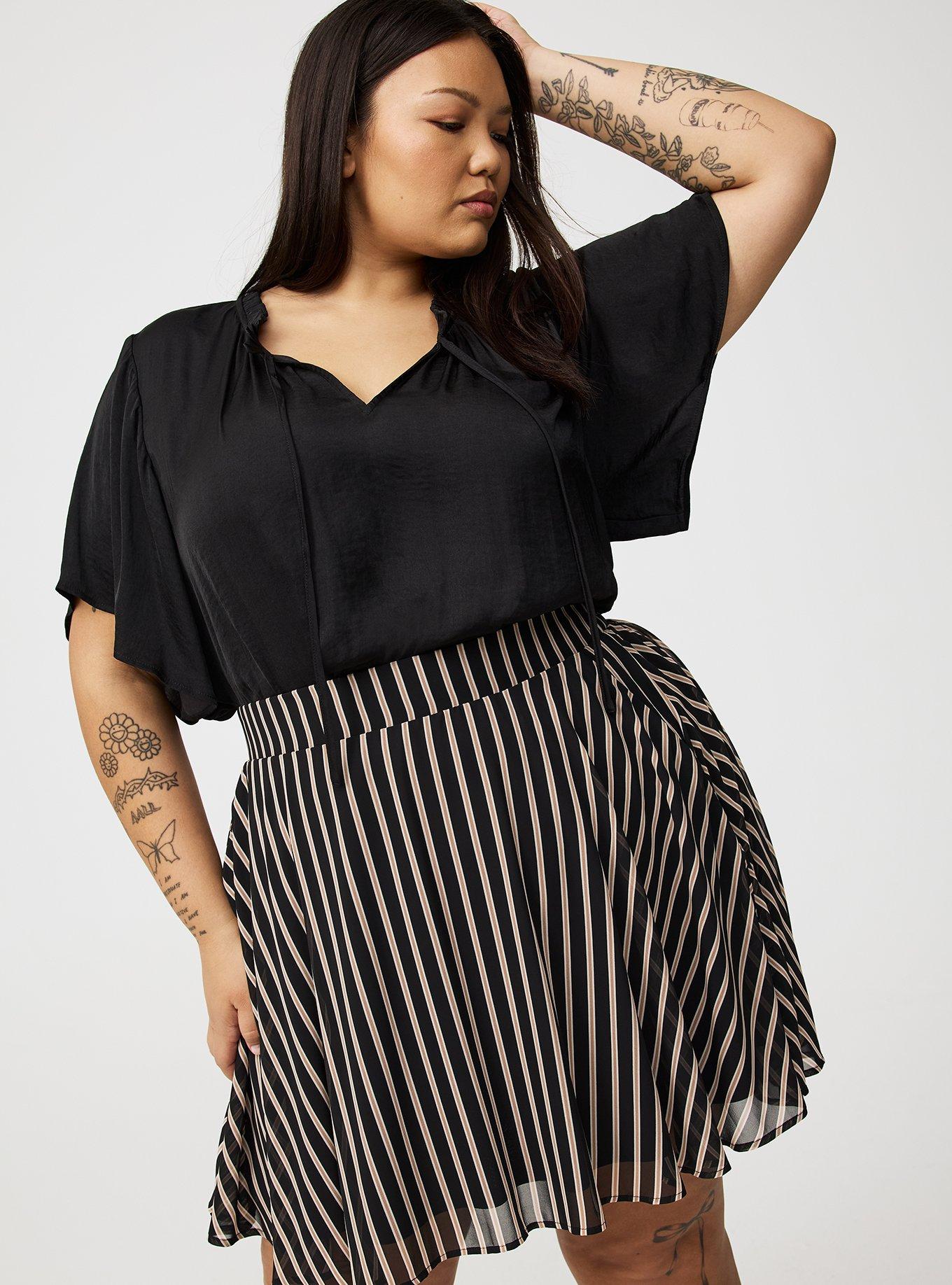 Satin Tie-Front Ruffle-Neck Blouse