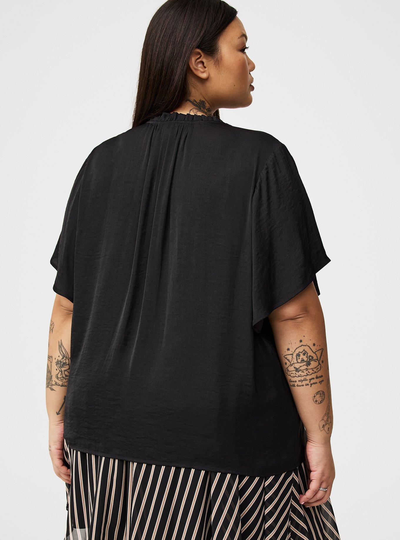 Satin Tie-Front Ruffle-Neck Blouse