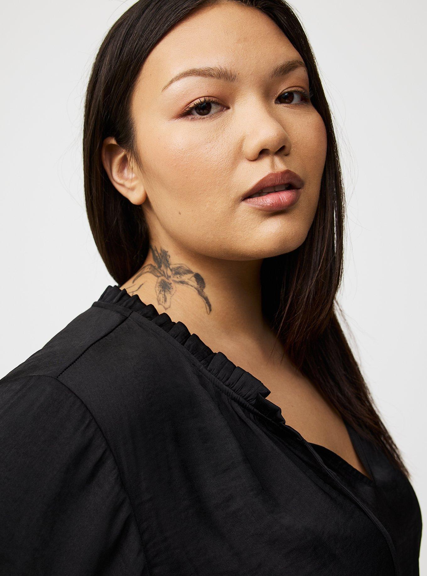 Satin Tie-Front Ruffle-Neck Blouse