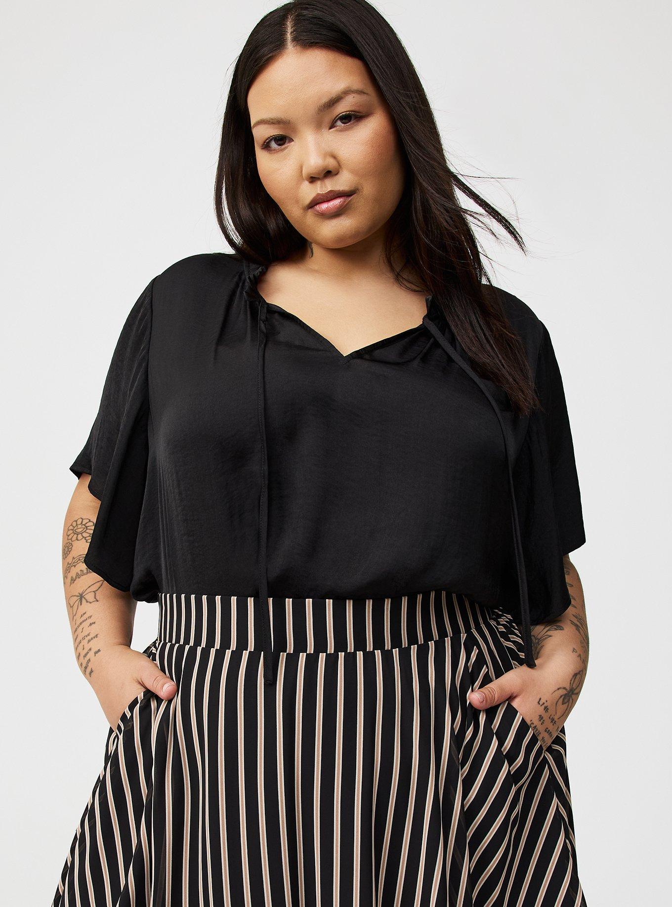 Satin Tie-Front Ruffle-Neck Blouse