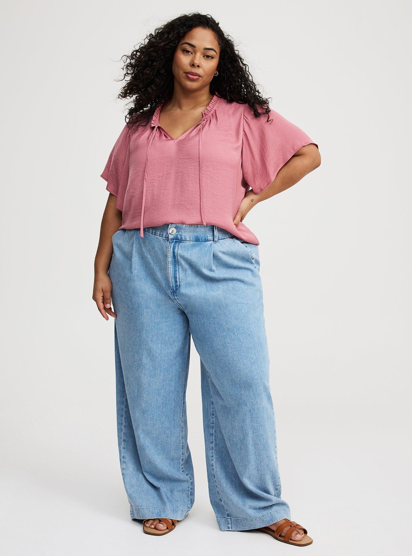 Satin Tie-Front Ruffle-Neck Blouse