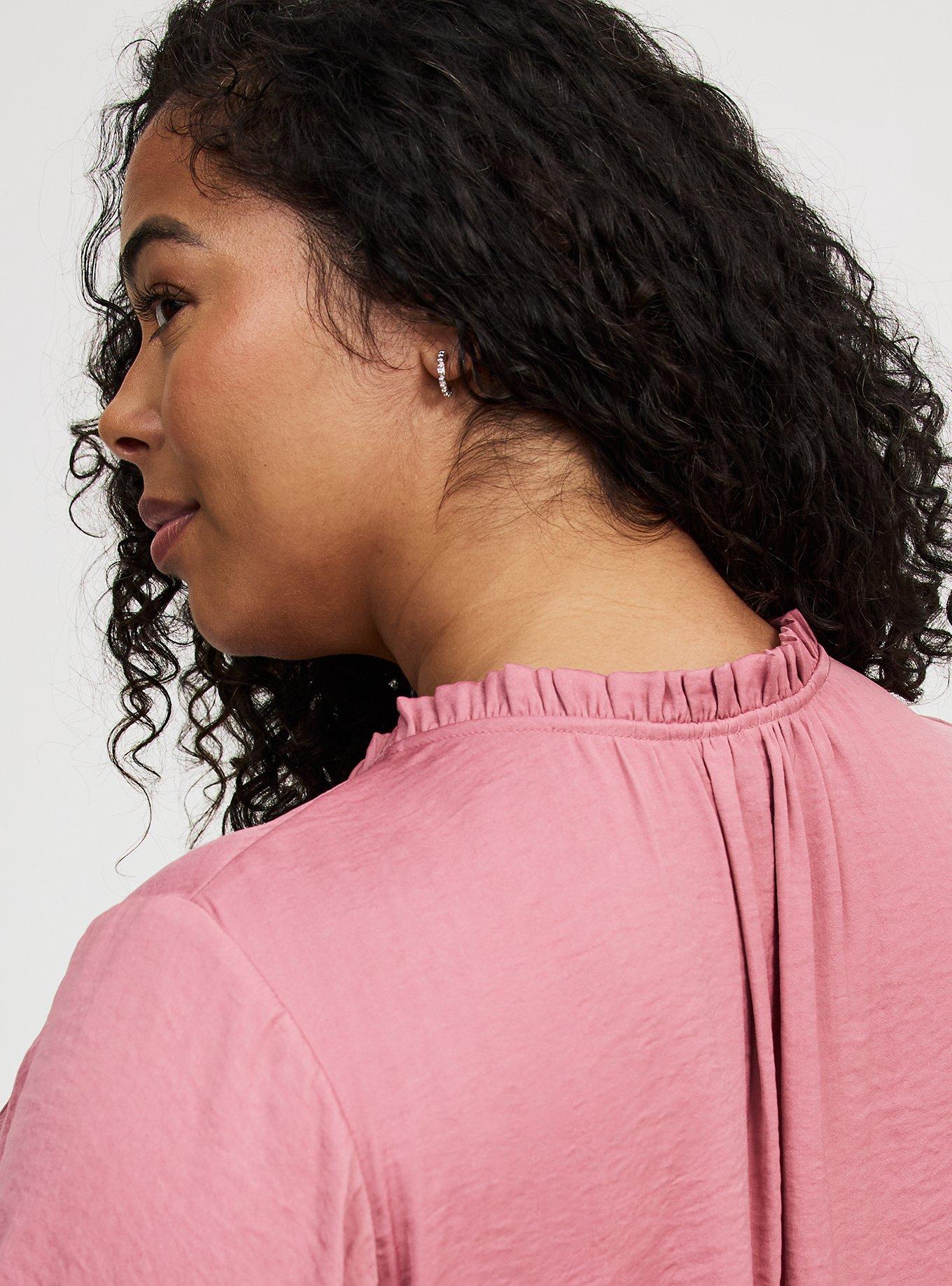 Satin Tie-Front Ruffle-Neck Blouse
