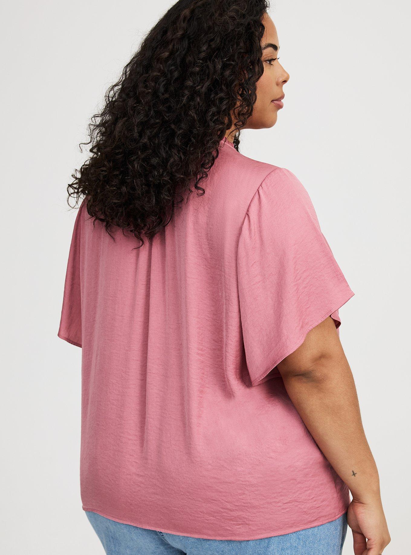 Satin Tie-Front Ruffle-Neck Blouse