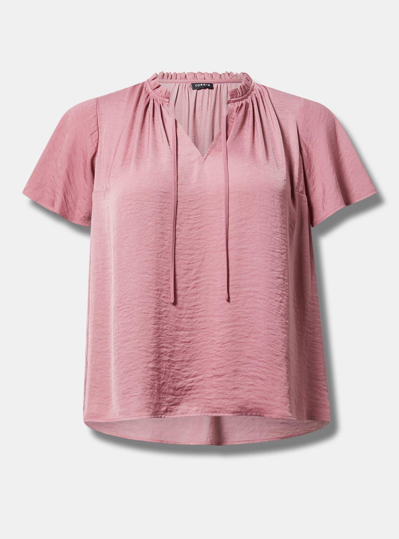 Satin Tie-Front Ruffle-Neck Blouse