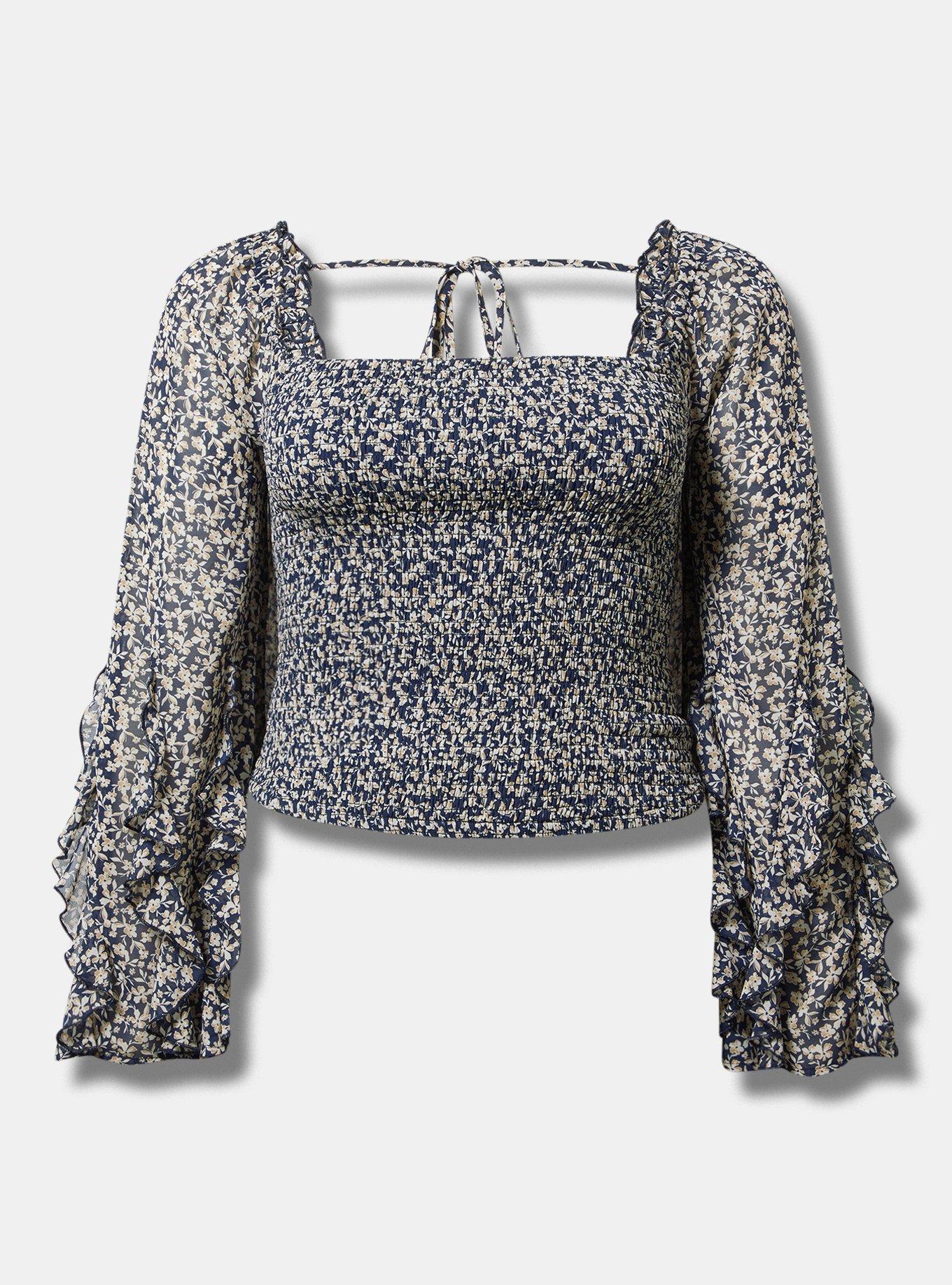 Chiffon Ruffle Long-Sleeve Crop Top