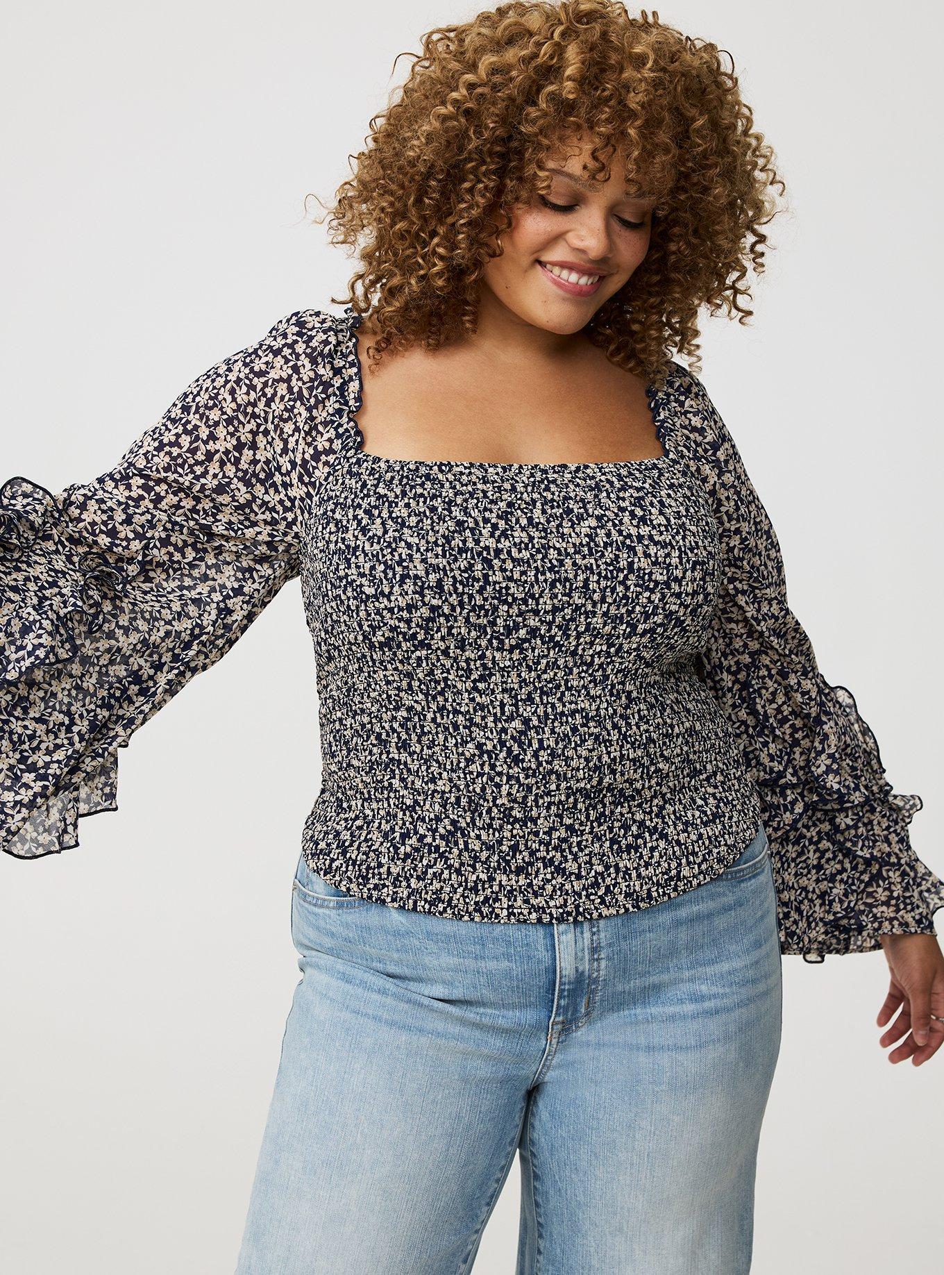 Chiffon Ruffle Long-Sleeve Crop Top