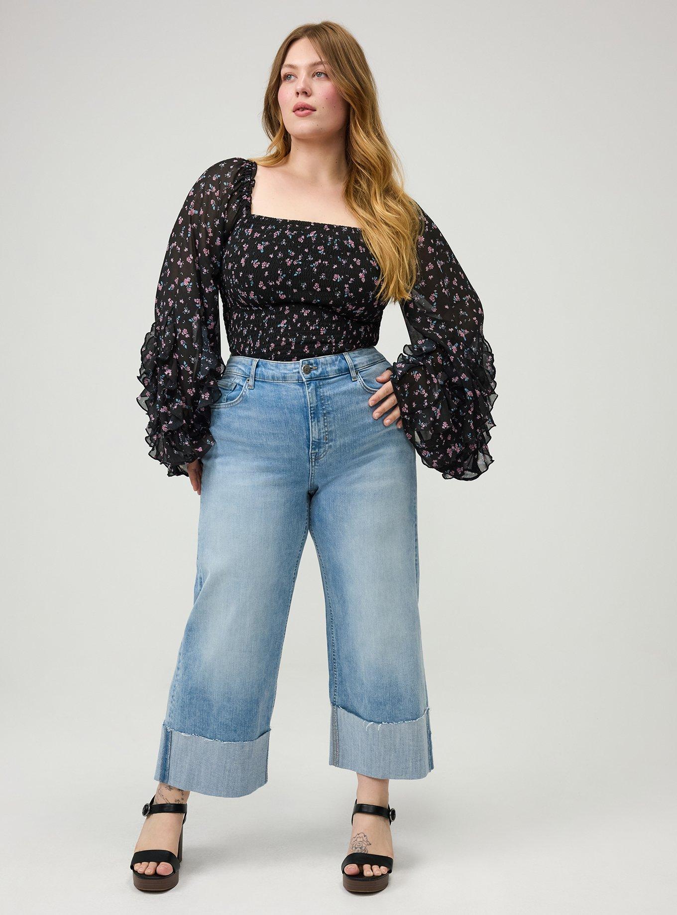 Chiffon Ruffle Long-Sleeve Crop Top, ALEXA DITSY FLORAL BLACK, alternate