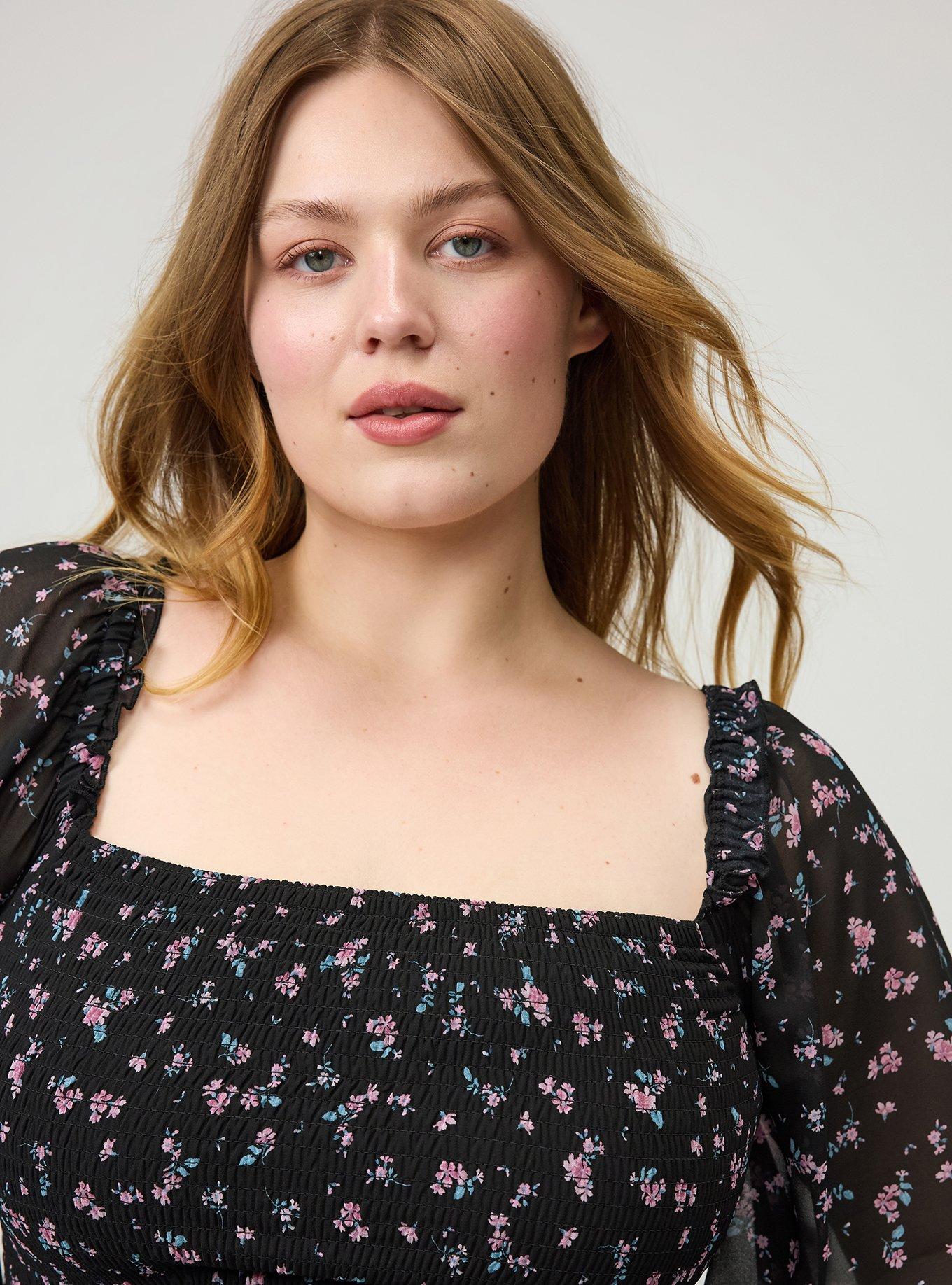 Chiffon Ruffle Long-Sleeve Crop Top, ALEXA DITSY FLORAL BLACK, alternate