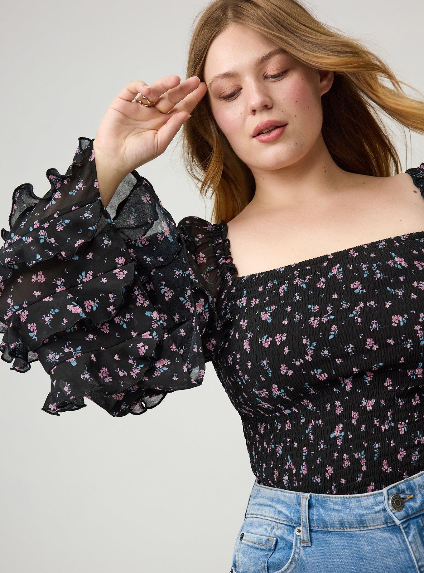Chiffon Ruffle Long-Sleeve Crop Top, ALEXA DITSY FLORAL BLACK, alternate